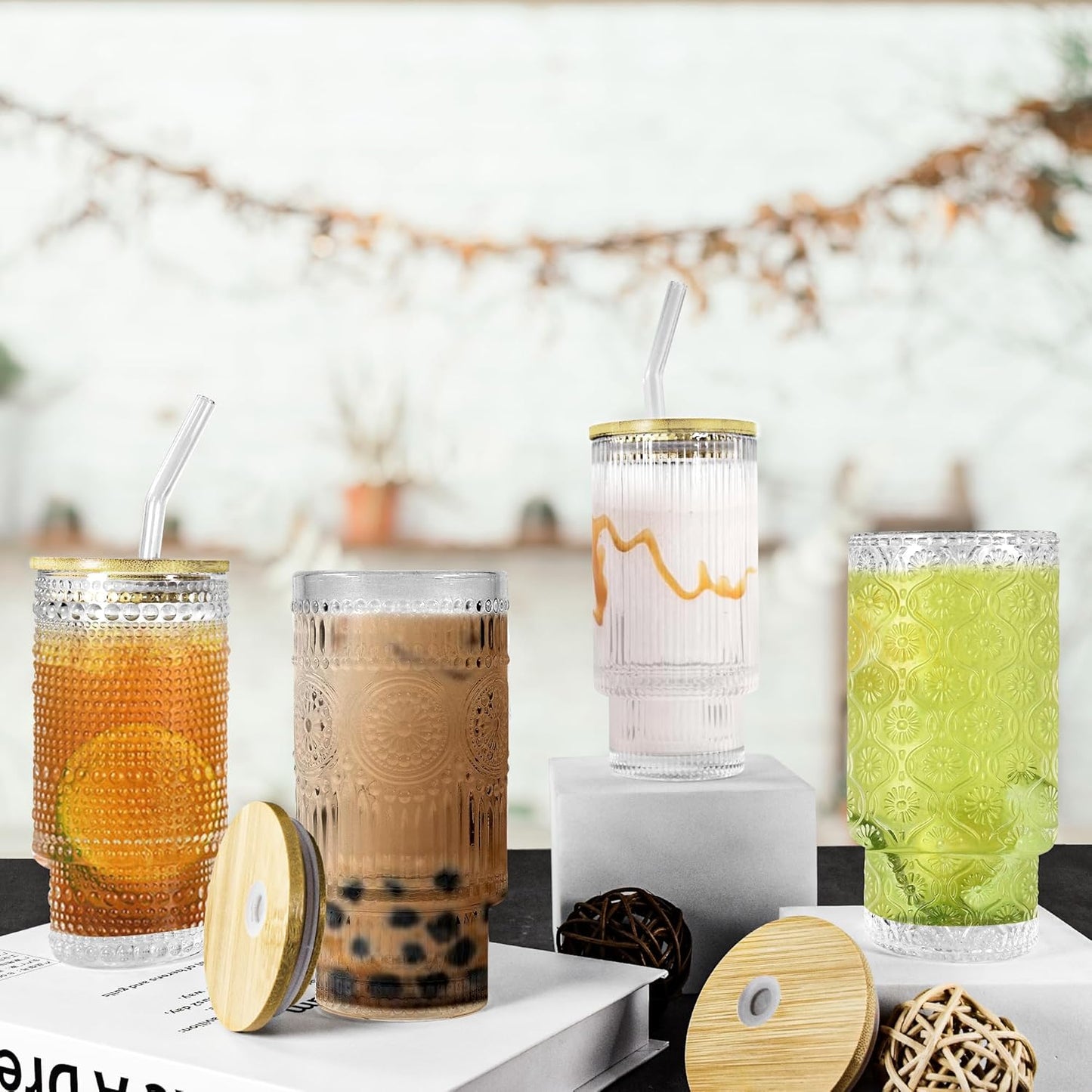 4 Pcs 11 oz Drinking Glasses Cups Set with Bamboo Lids Straws Brush Small Glassware Set for Juice Iced Coffee Cocktail Whiskey(Sunflower*4)