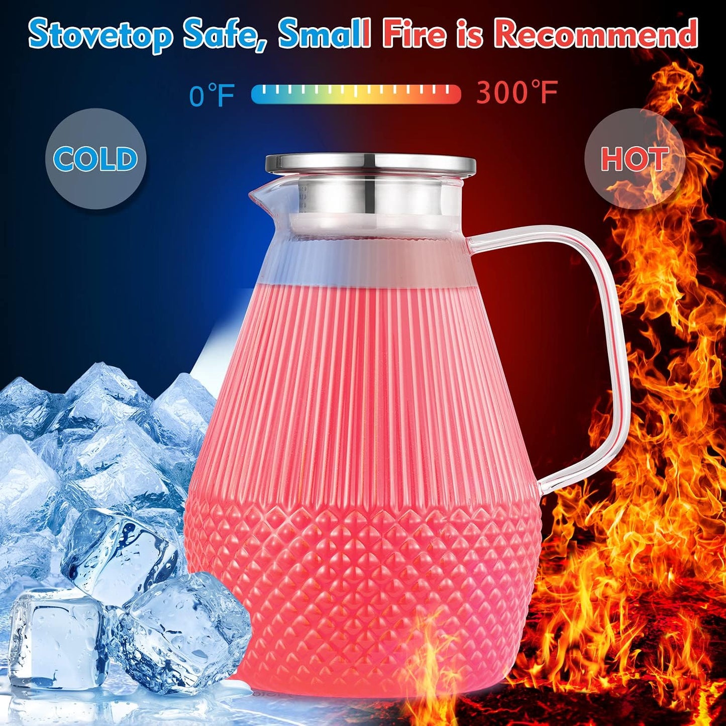 Glass Pitcher with Lid and Spout, veecom 80oz Water Pitchers for Drinks, Large Glass Jug for Juice, Lemonade, Beverage, Iced Tea Pitcher for Fridge, Heat Resistant Water Carafe with Brush