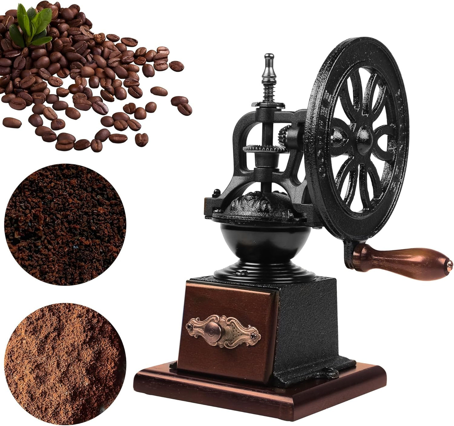 Vintage Manual Coffee Grinder with Cast Iron Wheel, Wood Handle, Carbon Steel Grinding Core, Black and Brown, 10.63x5.71 Inch