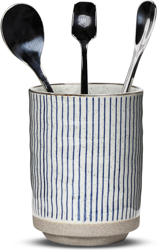 Ceramic Spoon Holder for Coffee Bar, Upright Tea Spoon Holder Cup, Coffee Stirrers Straws Stir Stick Holder, Blue Strips