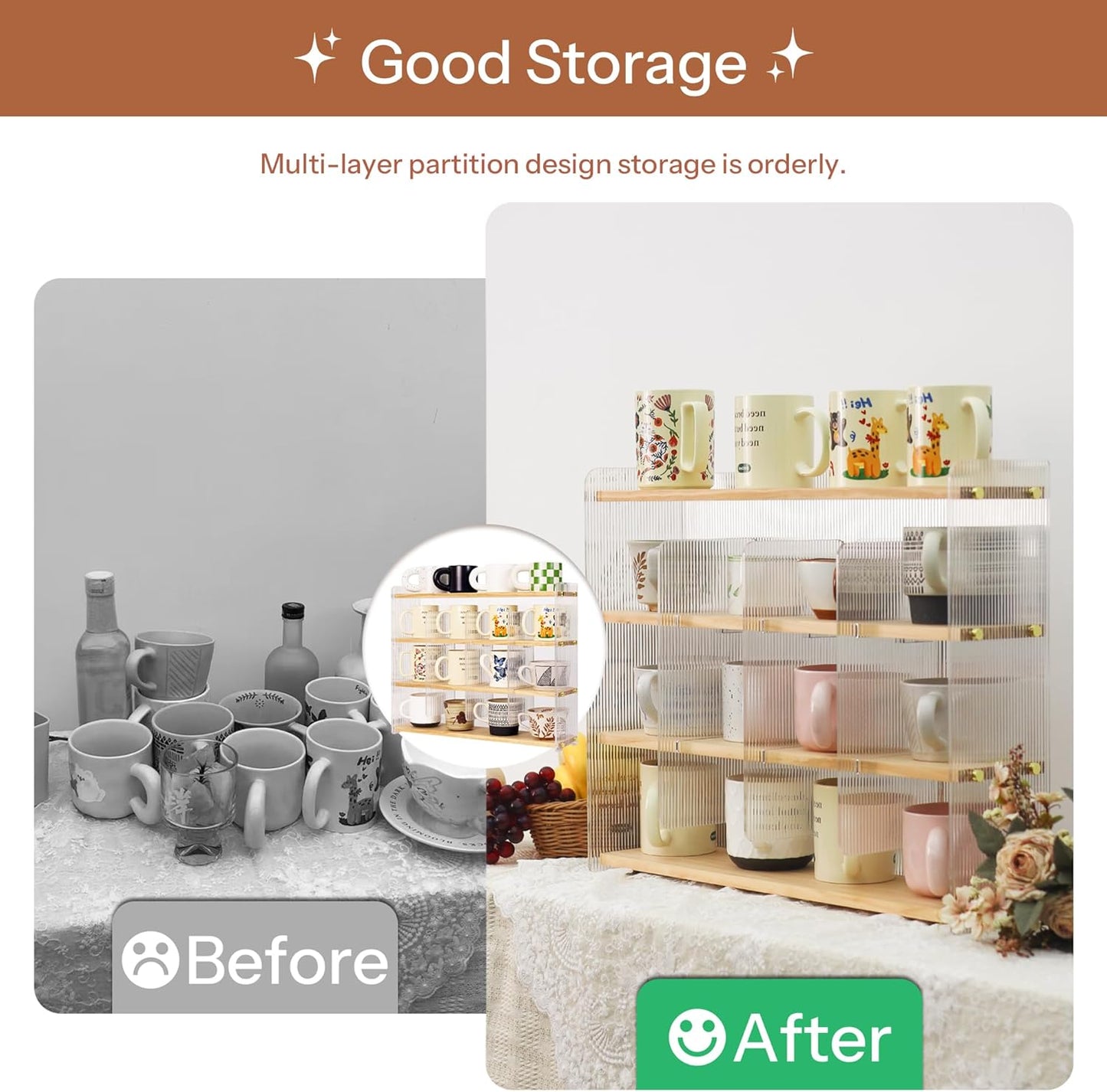 Coffee Mug Holder Wooden Cup Station Organizer 4-Tier Cup Holder for Coffee Bar Mug Display Rack for Countertop Mug Holder Shelf for Home Kitchen Pine Wood