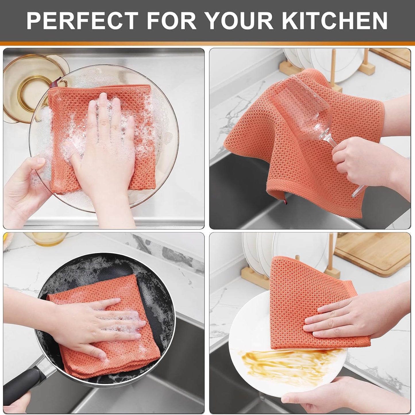 Kitinjoy 100% Cotton Kitchen Dish Cloths, 8 Pack Waffle Weave Ultra Soft Absorbent Dish Towels for Drying Dishes Quick Drying Kitchen Towels Dish Rags, 12 X 12 Inches, Coral