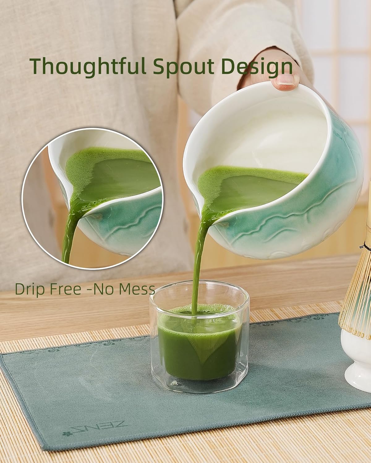 ZENS Matcha Whisk Set, Ceramic Matcha Set Includes Matcha Bowl, Matcha Whisk and Holder, Bamboo Scoop, Stainless Sifter & Tea Towel - 6Pcs Matcha Kit for Matcha Ceremony, Blue