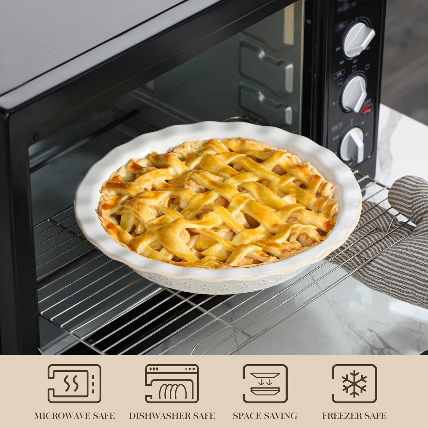 MALACASA Pie Pan, Stoneware Pie Dish for Baking, 45 OZ Deep Dish Pie Pans 9 Inch, Embossed Quiche Baking Dish for Oven, Fluted Dish Pie Plate for Apple Pie, Pot Pie and Quiche, Set of 1, Series LYDIA