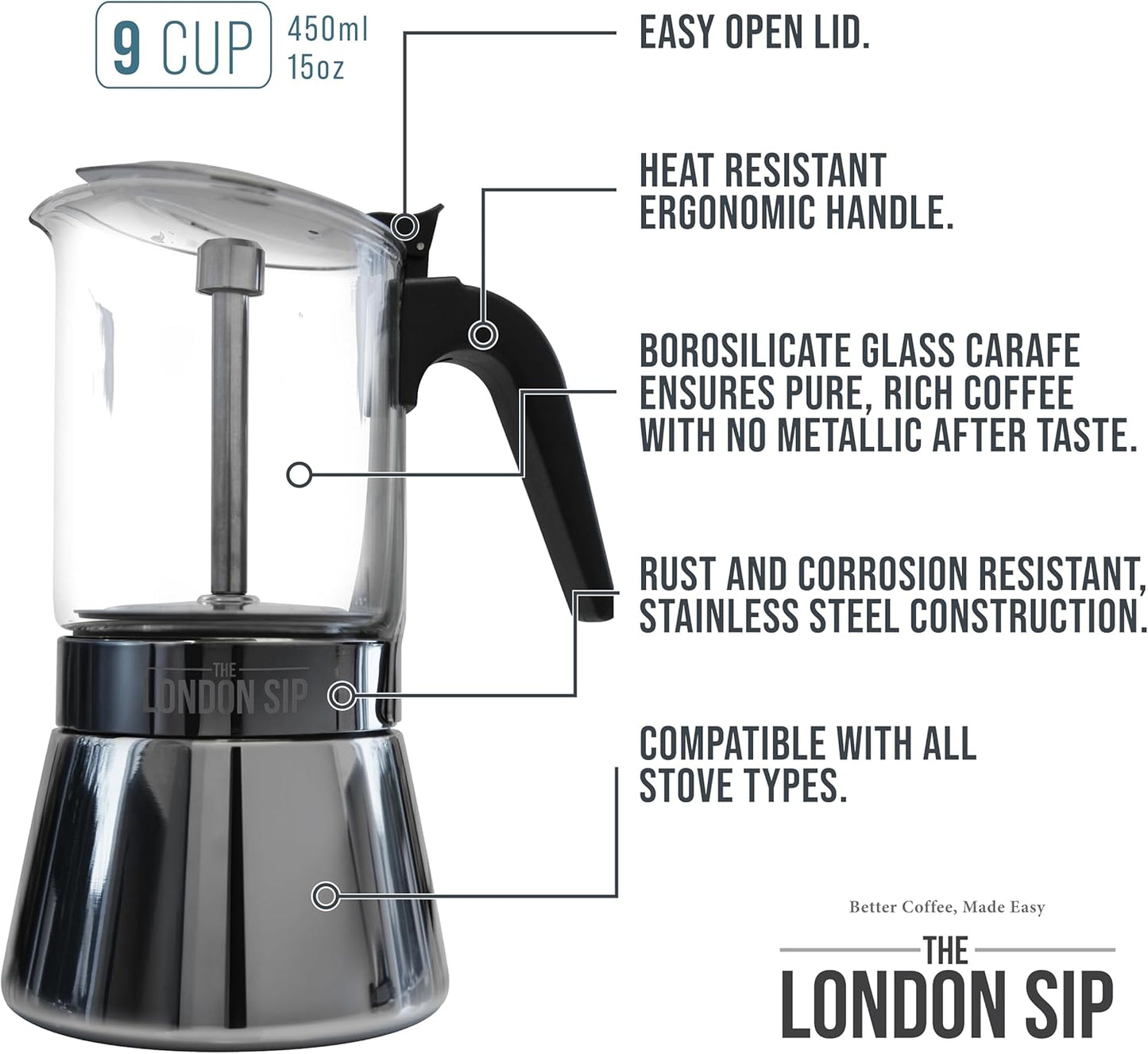 London Sip Glass and Stainless Steel Stovetop Espresso Maker Moka Pot Italian Coffee Percolator, Matte Black, Large (15.2 oz)