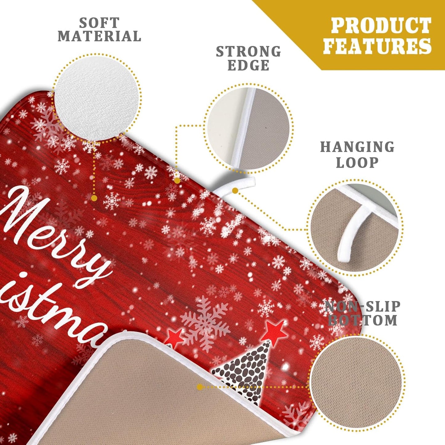 Merry Christmas Tree Red Dish Drying Mat for Kitchen Counter,Winter Snowflake Pine Drying Mat 16 x 18 Inch with Absorbent Reversible Microfiber Dish Drying Pad for Coffee Bar