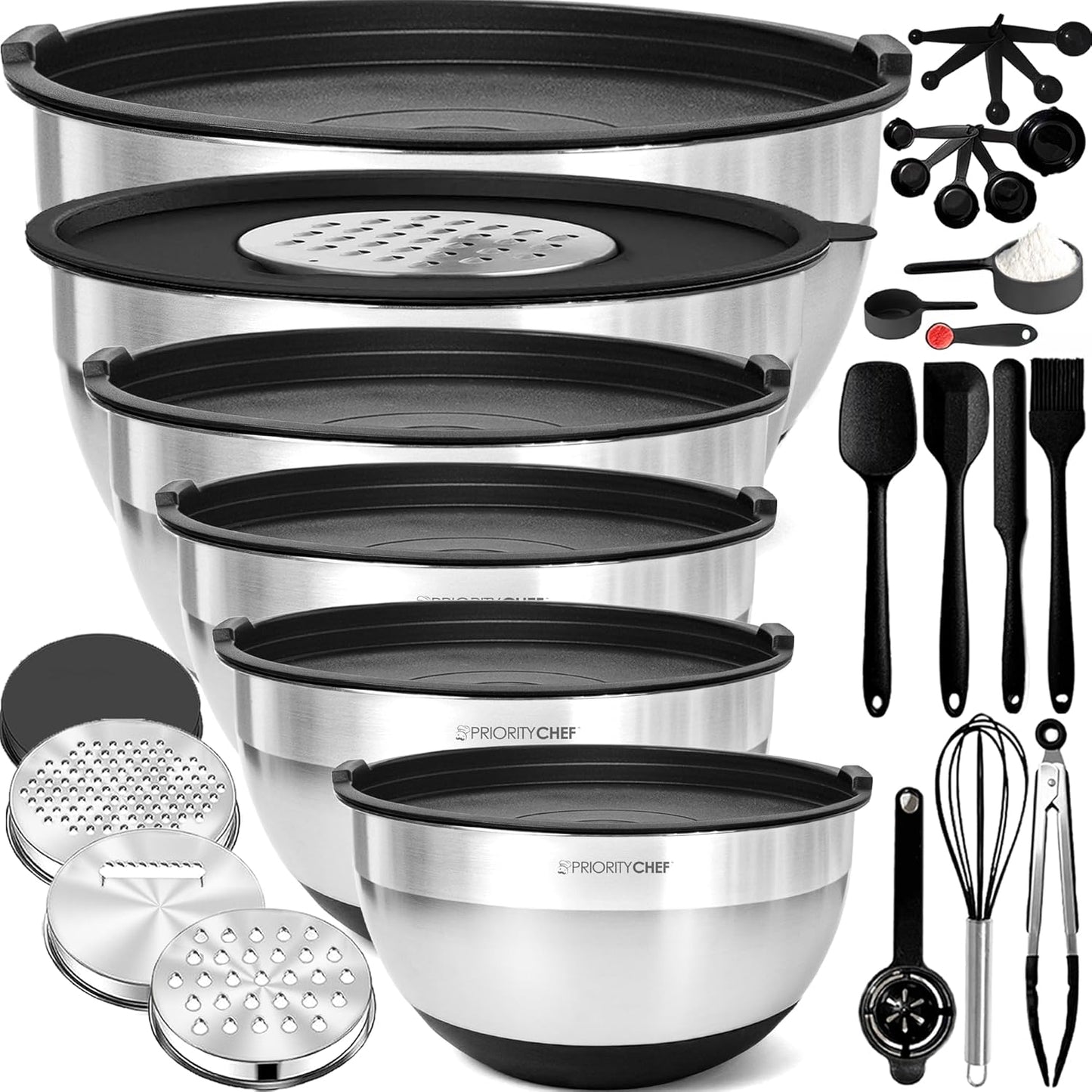 Priority Chef Stainless Steel Mixing Bowls with Lids Set - Premium 30Pcs with 6pc Metal Bowl Set for Kitchen, 3 Graters, Airtight Lids, Non-Slip Bases & Silicone Utensils, Black