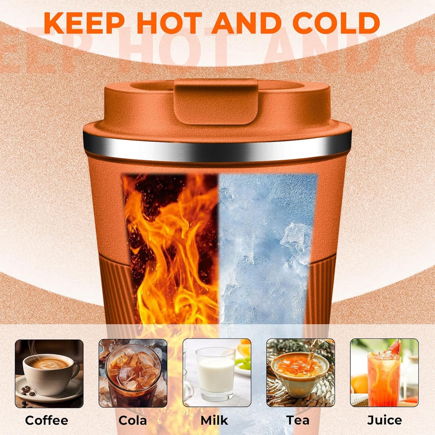 Insulated Coffee Tumbler 12 oz, Stainless Steel Coffee Mug with Lids, Travel Coffee Mug Leak Proof, Double Wall Vacuum Insulated Reusable Coffee Cup, Keep Drinks Hot and Cold (Orange, 12 Ounces)