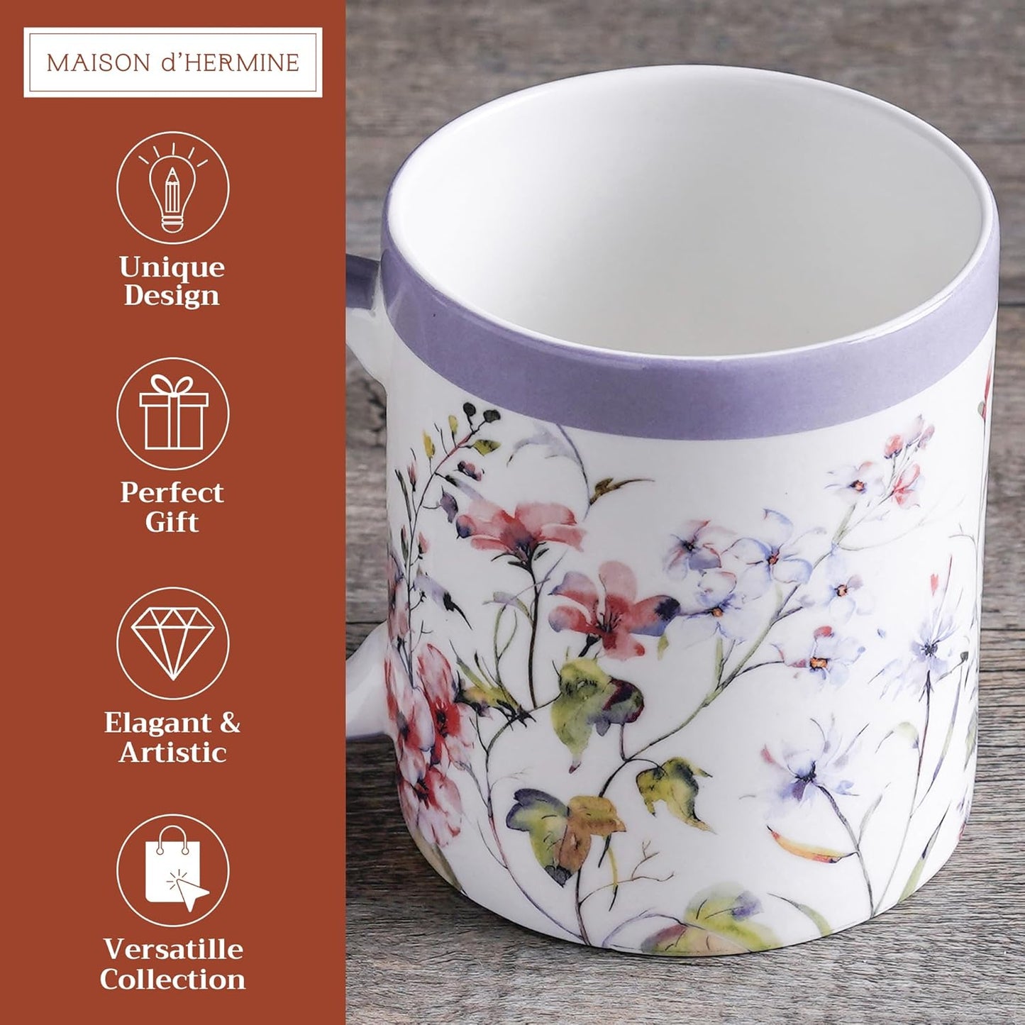 Maison d' Hermine Coffee Mug with Handles Fine Bone China Mugs Pack of One Tea Cups for Hot Beverages Cappuccino Latte Home Restaurant Office Perfect for Gift (Summer Floral - Cornflower, 12 Ounce)