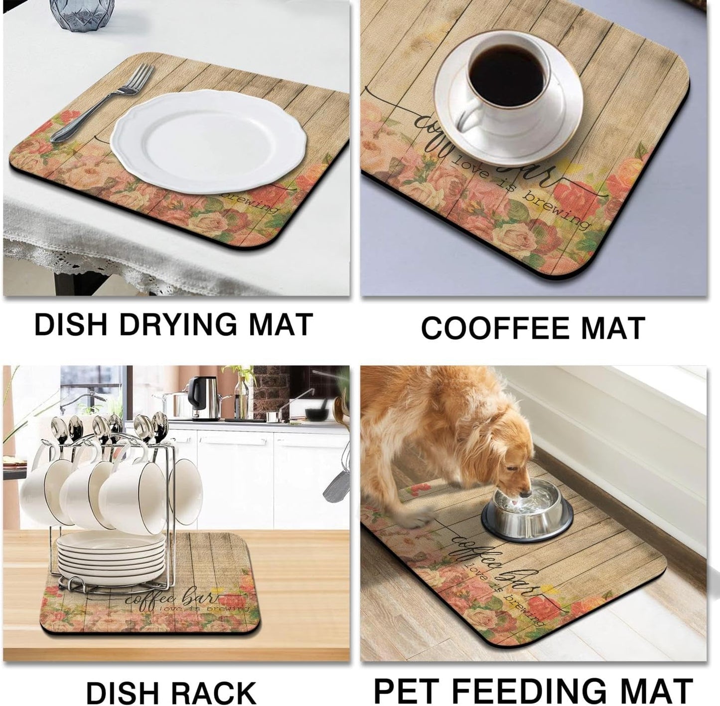 Dish Drying Mat for Kitchen Counter 16x18in Coffee Bar Washable Quick Dish Drying Pad Rubber Backed Absorbent Draining Mat