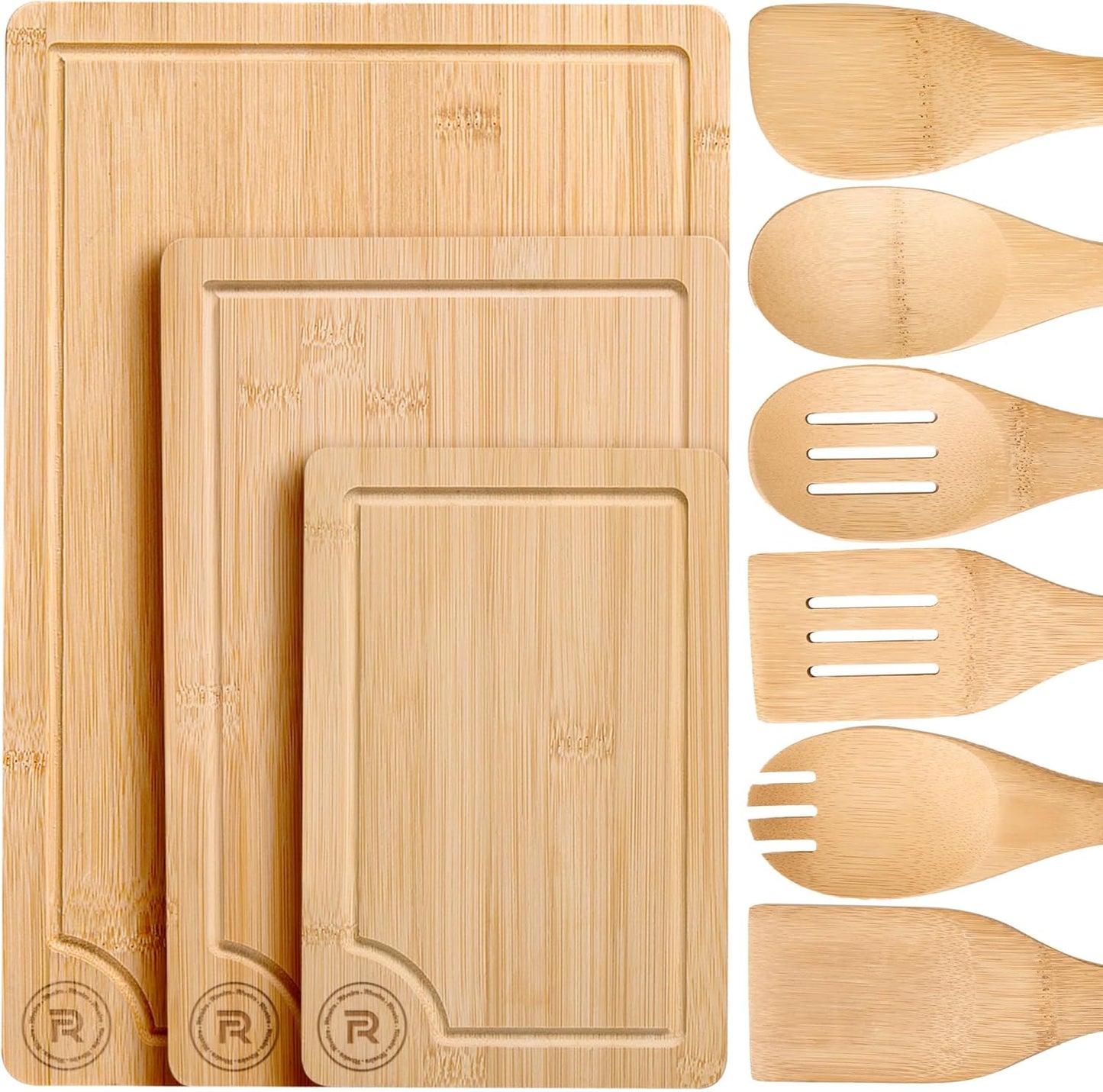 Riveira Bamboo Cutting Boards For Kitchen with Wooden Spoons For Cooking – Set of 3 Pcs Wooden Cutting Board & 6 Bamboo Spoons – Wooden Cutting Boards For Kitchen – Complete Wooden Cooking Utensils