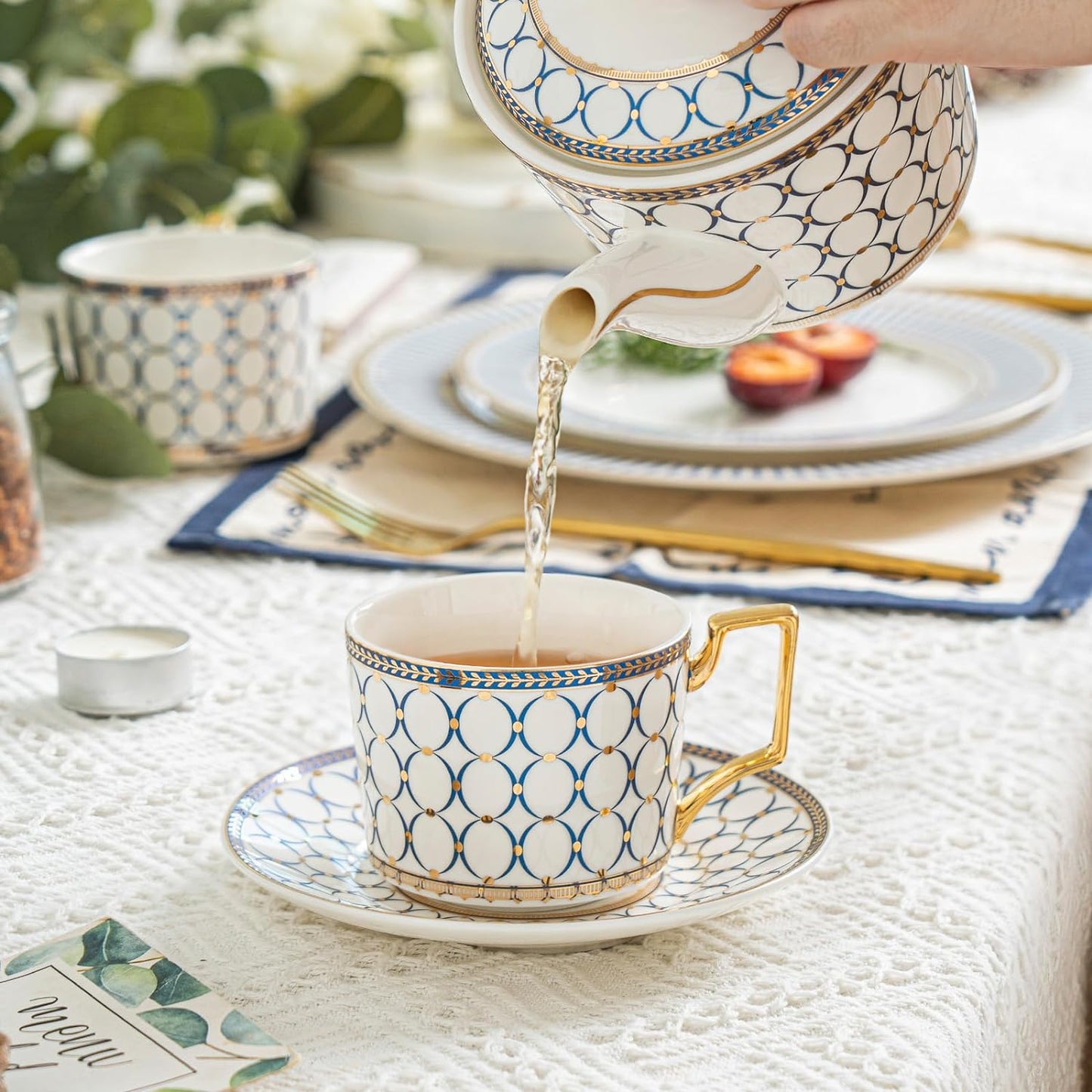 CwlwGO- Bone China Tea Cup Sets,15-Pieces Tea Cup and Saucer Set Service For 4 Whit 28 Ounces Teapot,Sugar Bowl,Creamer Pitcher and Spoons, Tea Gifts Sets For Women Patry.