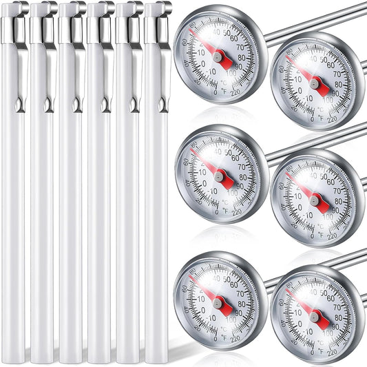 Xuhal 6 Pcs Stainless Steel Kitchen Thermometer with 5 Inch Long Stem 1 Inch Dial Thermometer Milk Frothing Food for Oven Probe Meat Grill BBQ Cooking Chocolate Water(White)