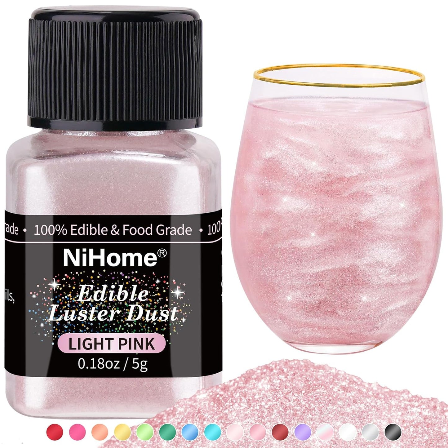 NiHome Edible Food-Grade Glimmer Powder Glitter Luster Dust Metallic Food Decorating Sprinkle Glimmery Dust for Drink Wine Beverage Cake Candy Dessert Bakery Restaurant Vegan (0.18oz/5g, Light Pink)