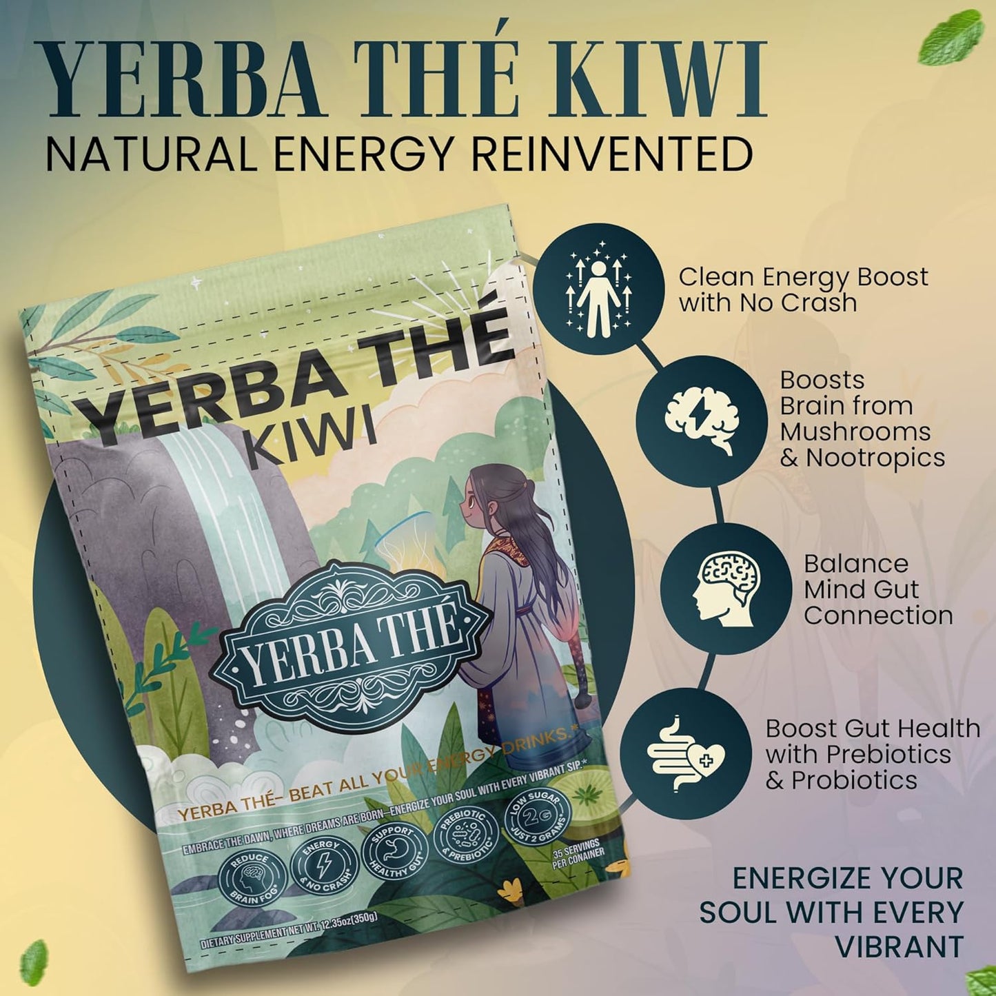 Ancient Diosa - Yerba Mate Tea Powder 350g, 35-Servings - Kiwi Flavor Clean Energy Drink Superfood - Support Gut Health with Probiotics and Prebiotics, Reduce Brain Fog, Relaxation and Focus Blend