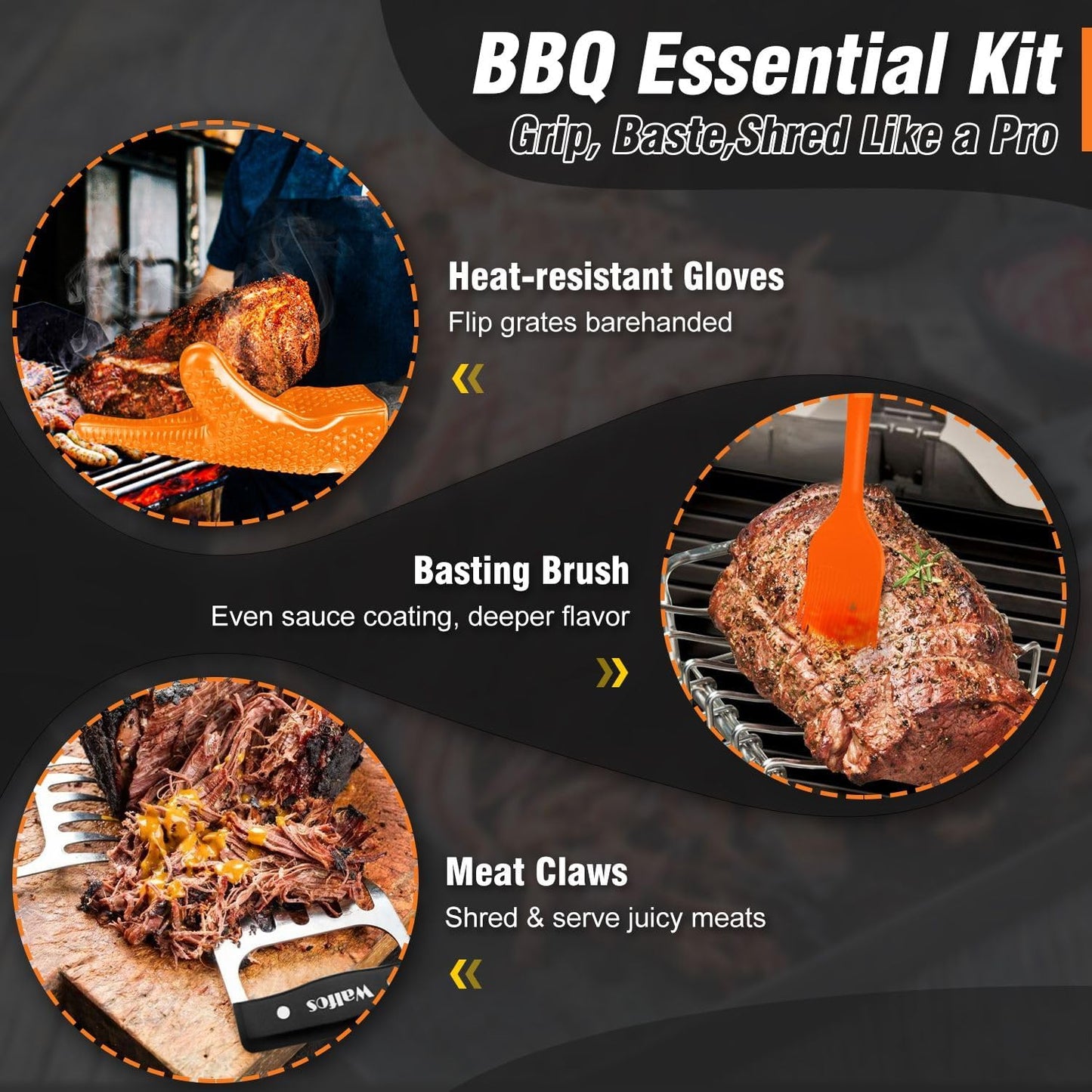 Walfos Silicone BBQ Gloves - Heat Resistant Grilling Gloves Set with Pork Shredder Claws & Brush, Non-Slip Kitchen Silicone Oven Mitt with Protective Cotton Layer, Suit for Indoor & Outdoor, Orange