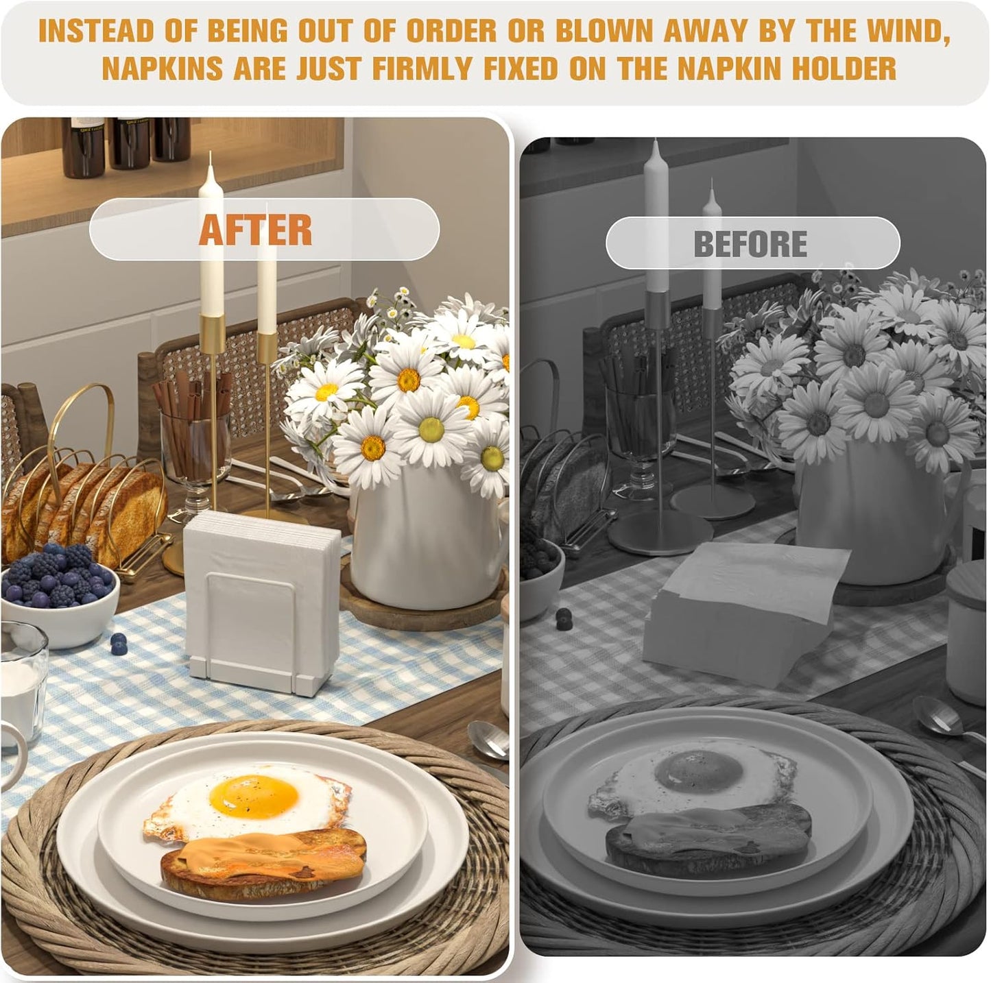 Napkin Holder for Table, Bamboo Iron Standing Napkin Dispenser for Kitchen Dining Table Farmhouse Cocktail Picnic Bar Rustic Wood Holders for Mail Bills Suitable for All Dining Room Decors White