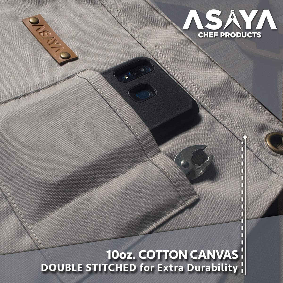 Asaya Chef and BBQ Apron with Bottle Opener and Hand Towel - 10oz Cotton Canvas, Stainless Steel Hardware - Cross Back Straps