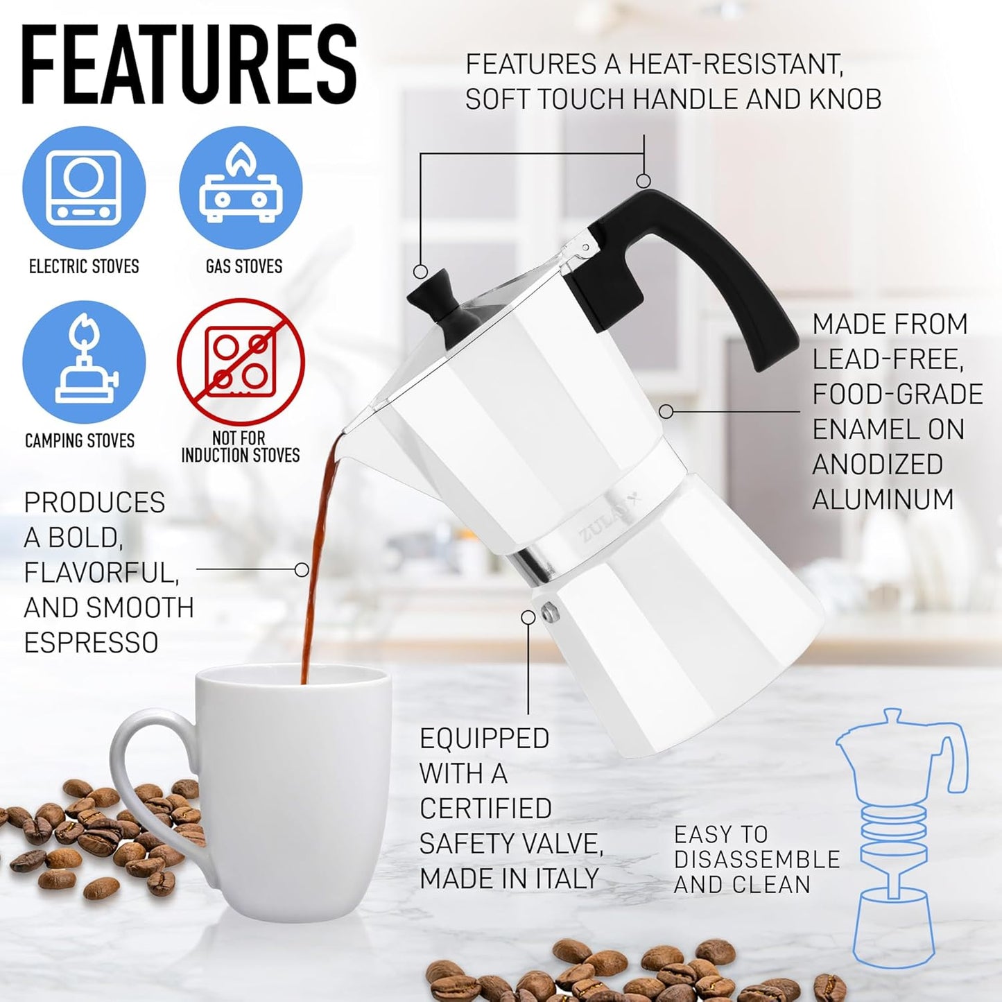 Zulay Moka Pot Espresso Stovetop Coffee Maker - Leak-Proof, Stainless Steel, Easy to Clean, Heat Resistant Handle & Knob - for Authentic Cuban & Italian Style Espresso - Makes 6 Espresso Cups - White