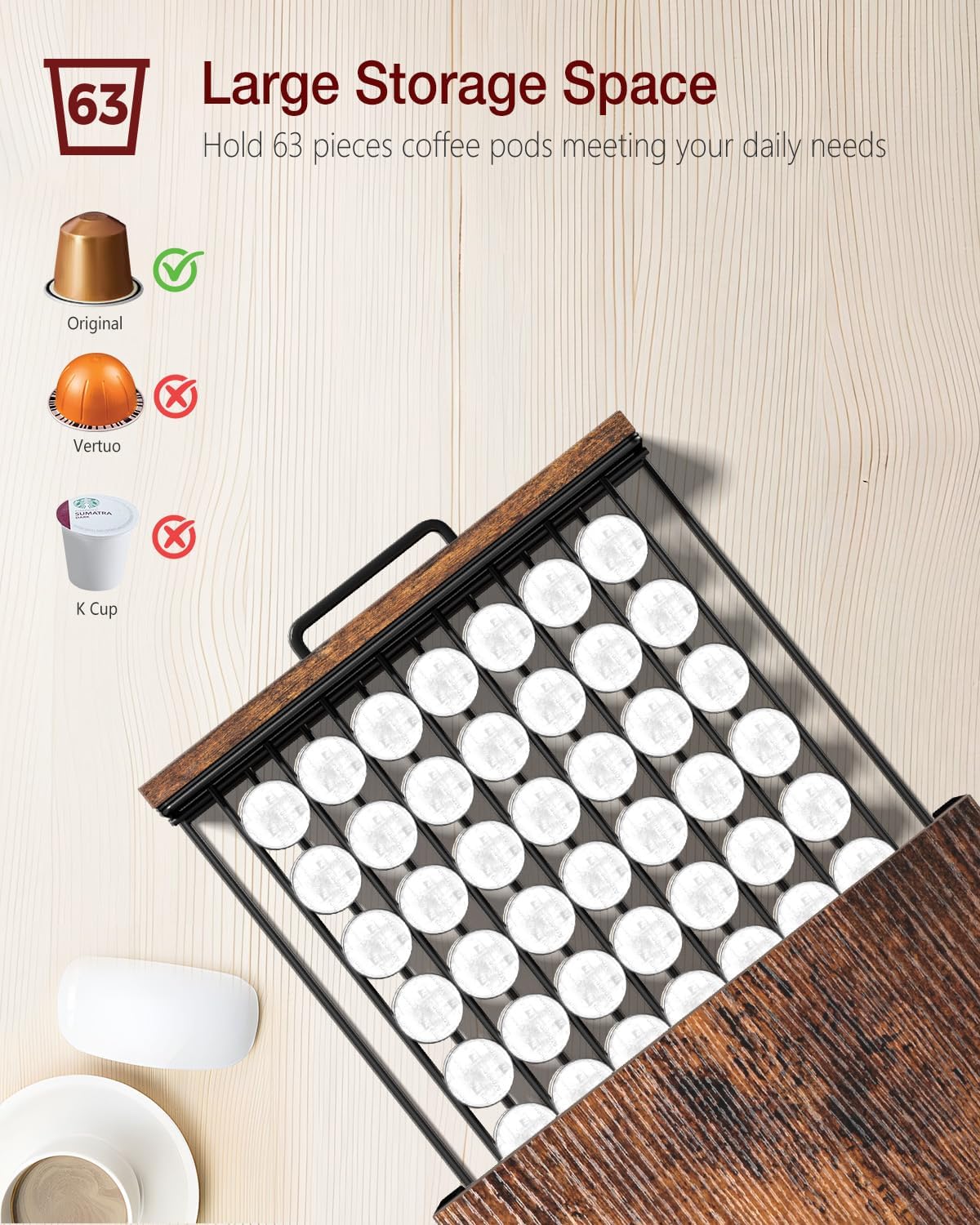 Coffee Pod Drawer Compatible with Nespresso Original Line, 63 Pods Coffee Organizer with Cup Holder, Durable Coffee Maker Stand with Storage Drawer, Rustic Brown