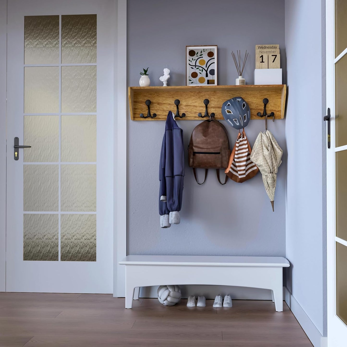 SKOLOO Wall Shelf with Hooks, 24-Inch Brown Coat Rack Wall Mount with Shelf Organizer - Lightweight & Sturdy, 5 Tri Hooks - Perfect for Entryway, Hallway, Living Room, Bedroom, Mudroom