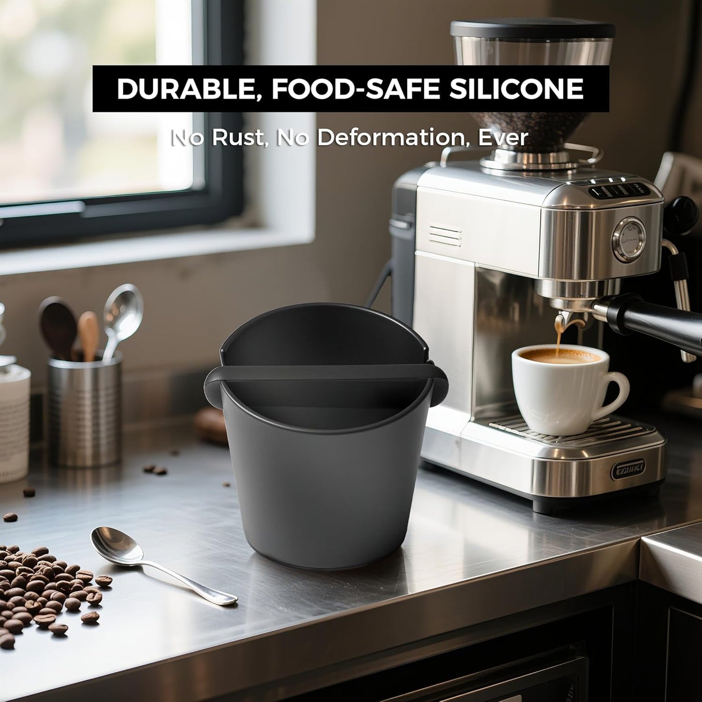 CHULUX Knock Box for Espresso – 5 Inch Silicone Coffee Grounds Container with Removable Knock Bar, Anti-Slip Base, Shockproof, Easy to Clean, Ideal for Home or Office