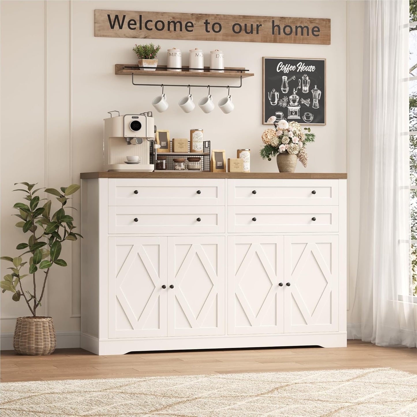HOSTACK 55" Coffee Bar with 4 Large Drawers, 40" Tall Buffet Cabinet with Storage, Kitchen Storage Cabinet, Modern Farmhouse Sideboard Buffet, Adjustable Shelves for Living Room, White