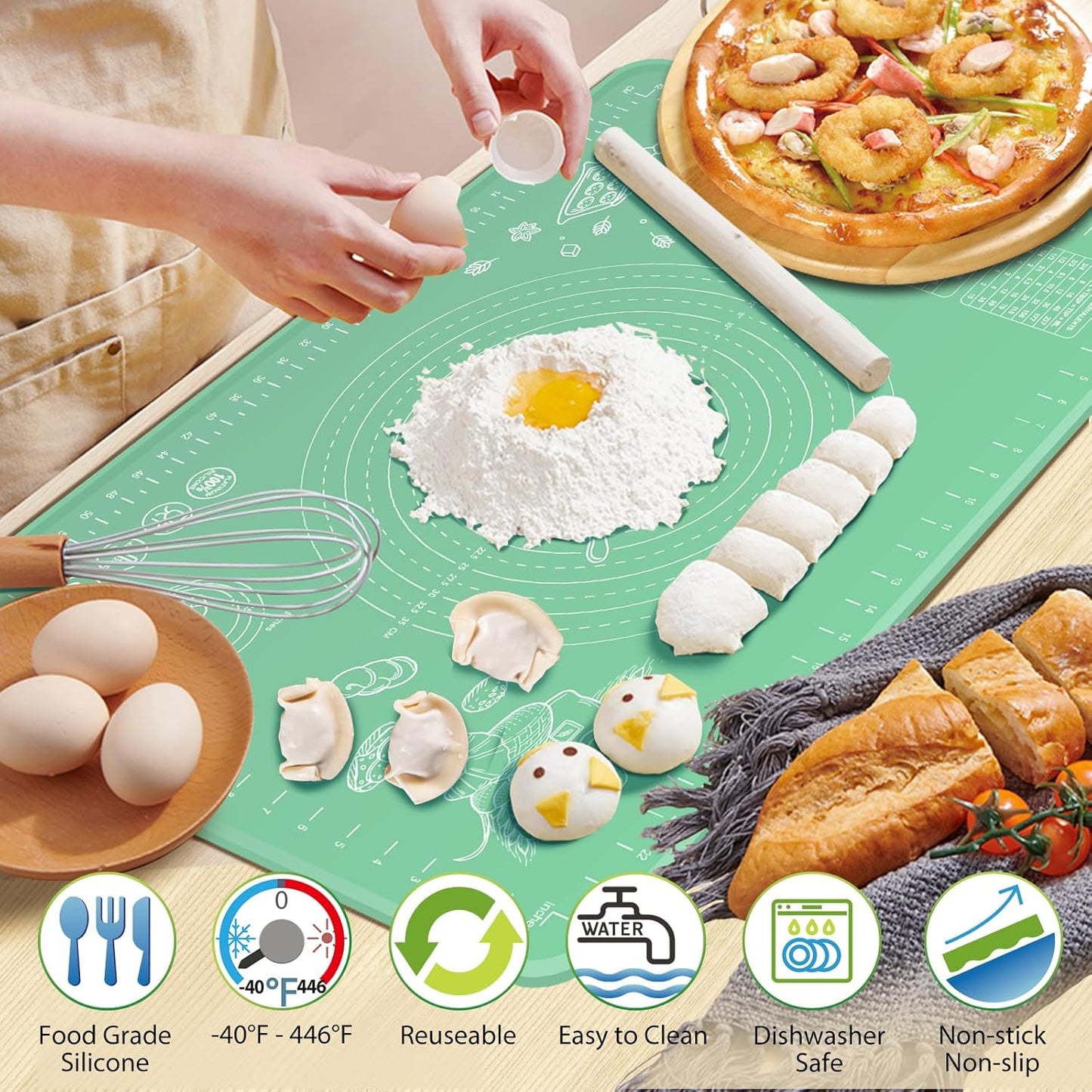 Silicone Pastry Mat 28" x 20" Extra Thick Non Stick Baking Mat with Measurements and Edge Heightening, Food Grade Silicone Rolling Mat for Pastry, Bread, Cookies, Pizza, Fondant, Pasta - Green