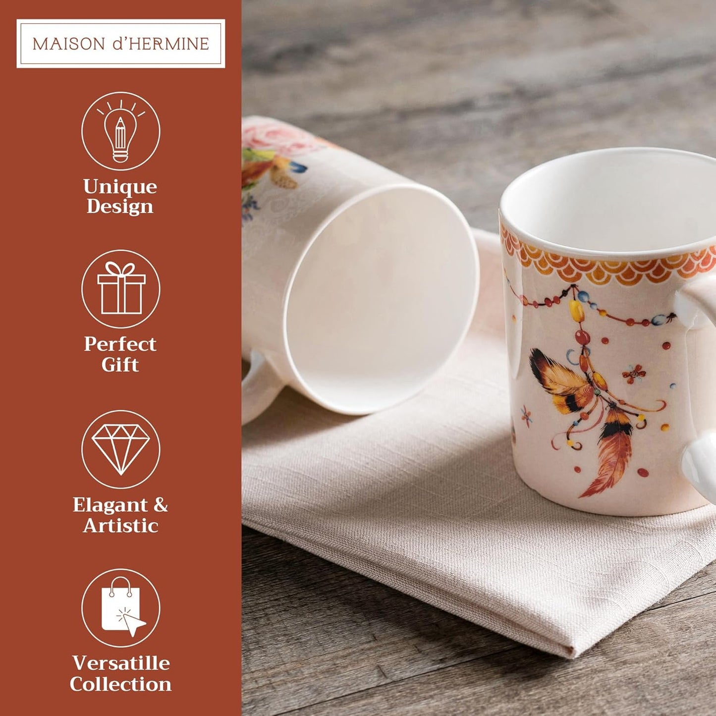 Maison d' Hermine Coffee Mug with Handles Fine Bone China Mugs Pack of Two Tea Cups for Hot Beverages Cappuccino Latte Home Restaurant Office Perfect for Gift (Ibiza - Beige, 15 Ounce)