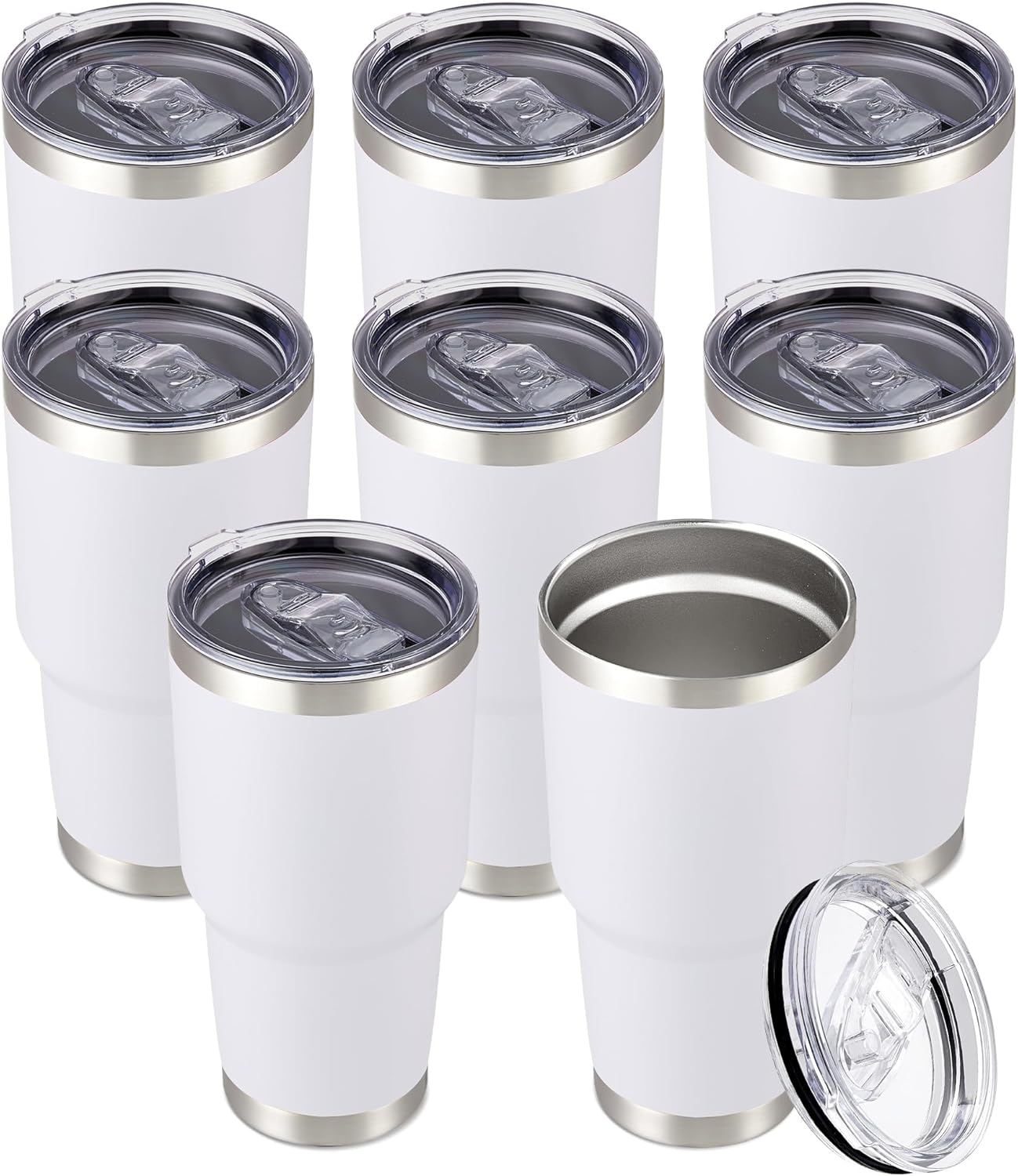 30 oz Tumbler with Lid Stainless Steel Tumblers Bulk Vacuum Insulated Cup Reusable Powder Coated Travel Mug Double Wall Leak Proof Cups Keep Cold Drinks for 12 Hours White, Set of 8