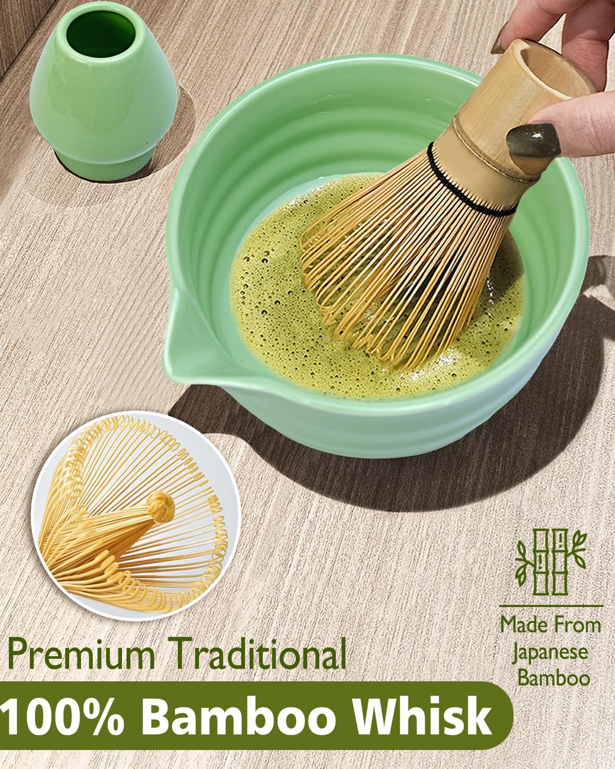 Matcha Whisk Set with Matcha Bowl, Matcha Whisk Holder Matcha Bamboo Whisk, Scoop, Sifter, Unique Gifts for Women Men Girl Friend Home Kitchen Decor（Light Green）