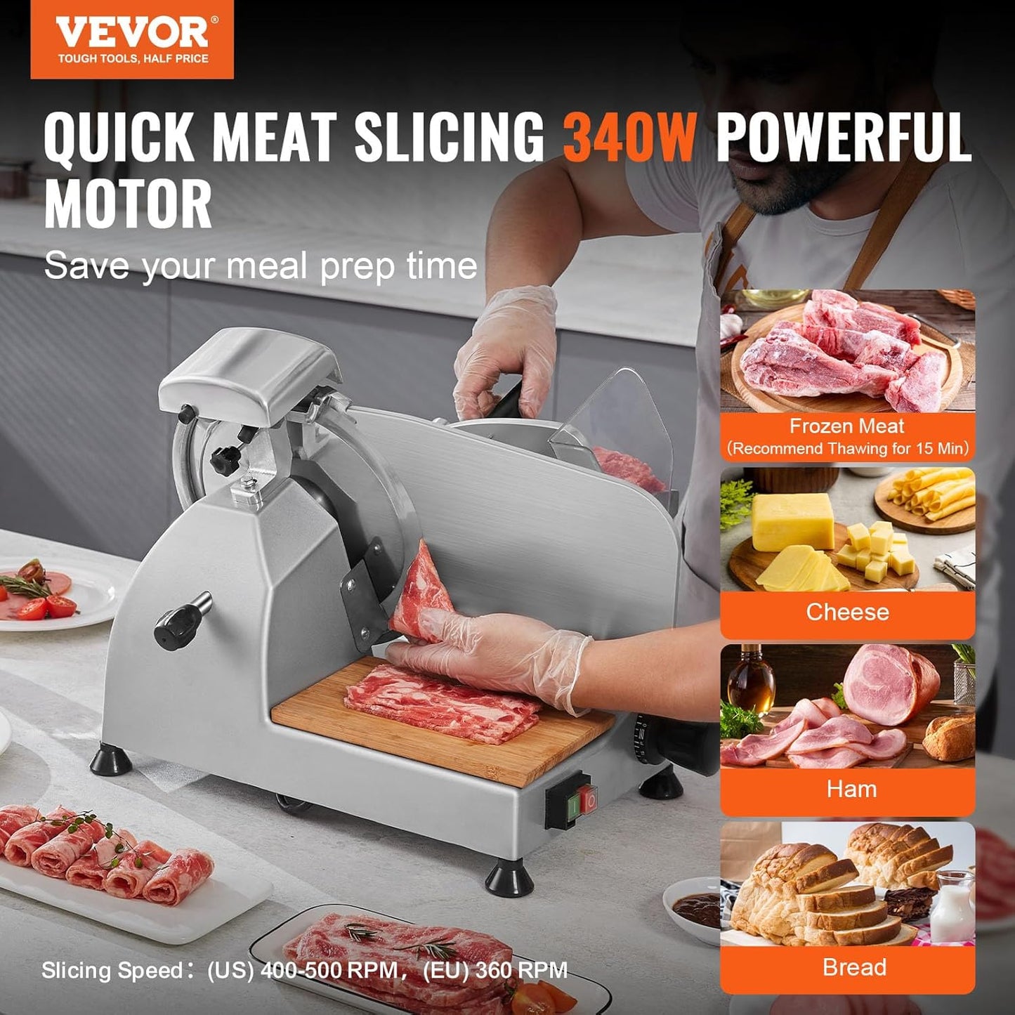 Meat Slicer, 340W Electric Deli Food Slicer with 10" SUS420 Stainless Steel Blade and Built-in Sharpening Stone, 0-0.6 inch Adjustable Thickness for Commercial and Home Use, Cut Meat and Cheese
