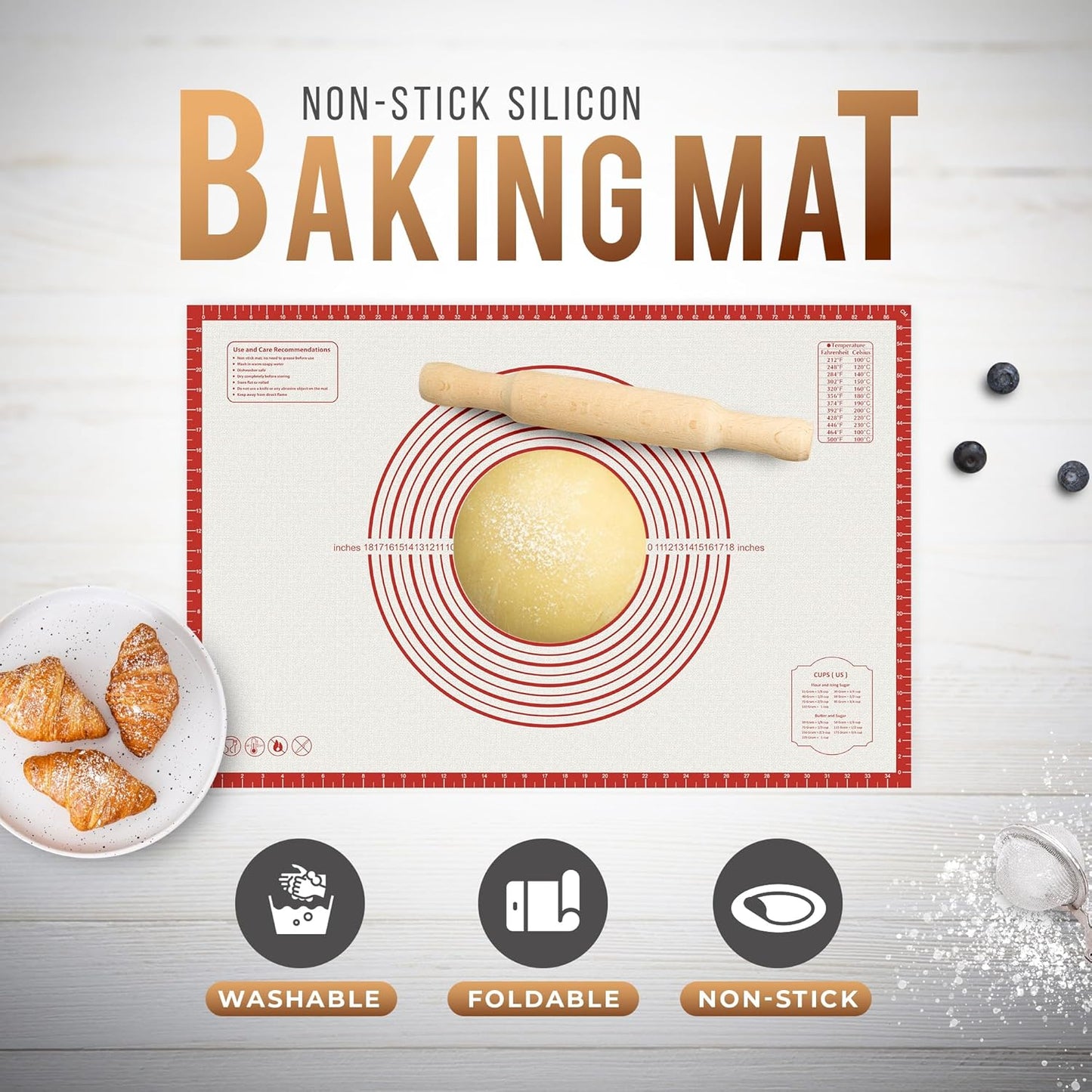 28 * 20 inches Red, Non-Slip Silicone Baking Sheets - Baking Mat with 0.7mm Thickness - Non-Stick Pastry & Cookie Mat for Kitchen Counter for Rolling Out Dough with Measurements.