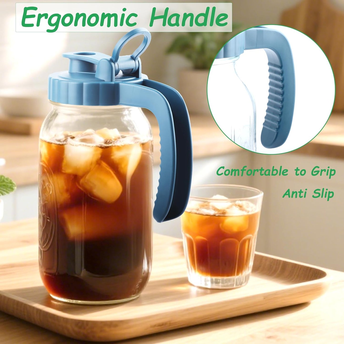 Mason Jar Pitcher With Stainless Steel Filter 64 OZ 2 Pack Wide Mouth Cold Brew Coffee Maker 2 Quart Glass water pitcher with lid Half Gallon Cold hot Tea maker For Lemonade Milk Juice Refrigerator