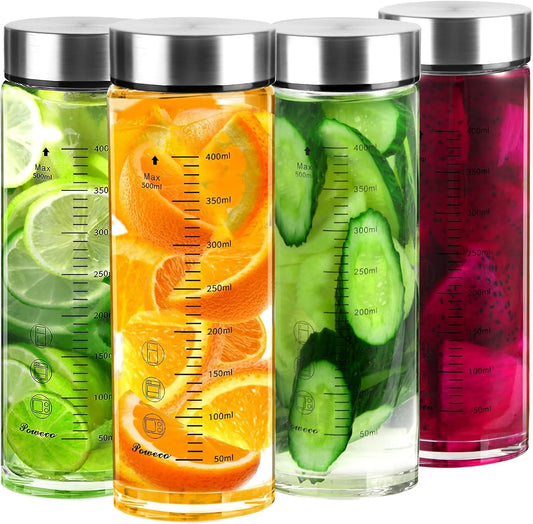 Glass Juice Bottles 4 Pack 16 oz - Wide Mouth Glass Water Bottles with Lids - for Juicing, Protein, Smoothie, Milk, Reusable, BPA Free, Stainless Steel Lids, Blender, Shaker Bottle (16oz/500ml)