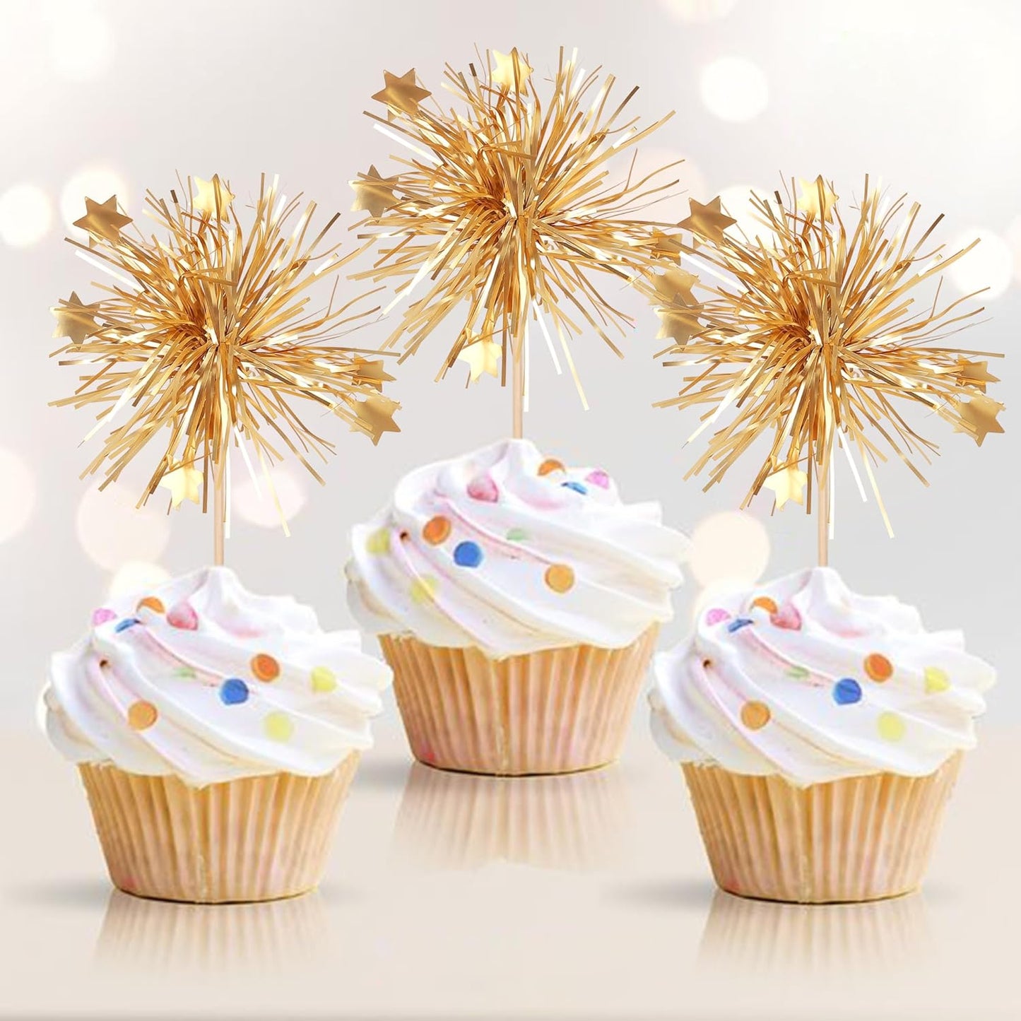 30 PCS Foil Firework Cupcake Toppers Happy Birthday Cake Toppers Star Sparkle Tinsel Flower Drink Stirrers Cocktail Fruit Toothpicks for Valentine's Day Baby Shower Birthday Party Supplies Gold