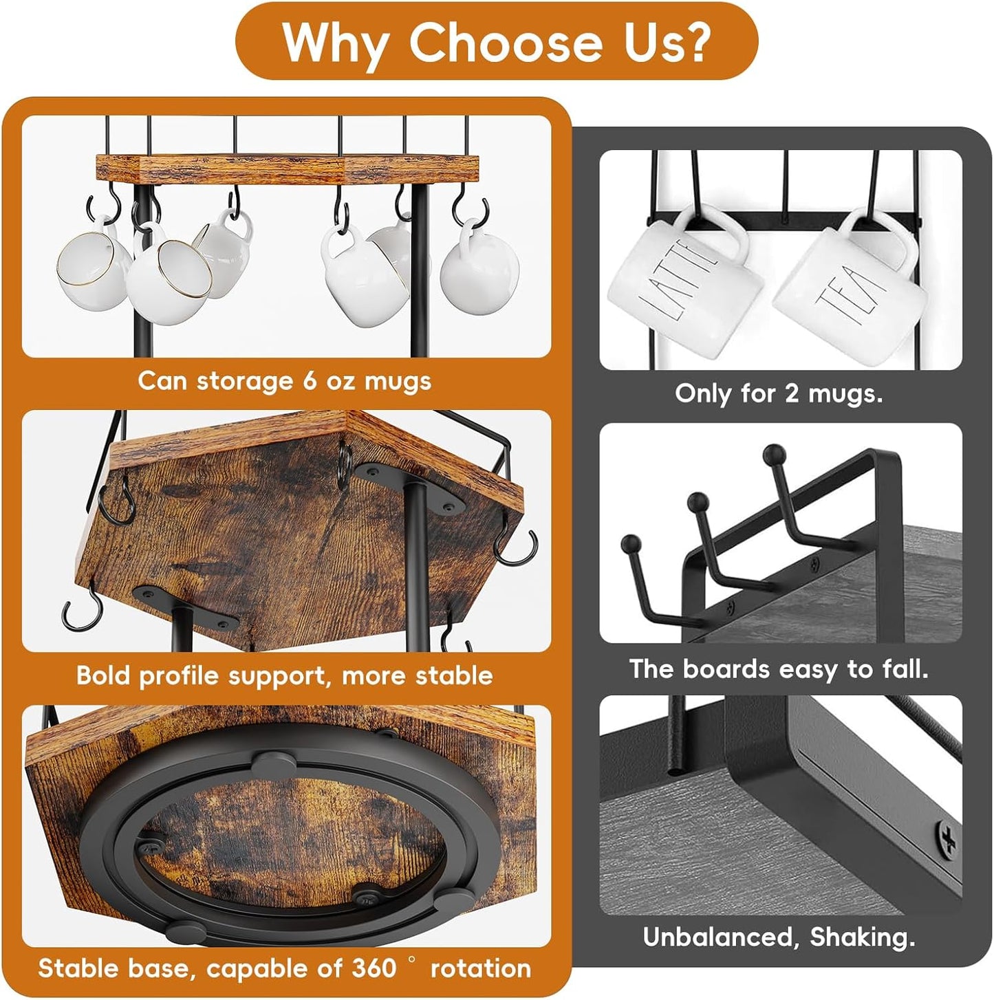 KLM 2 Tier Coffee Bar Organizer Countertop Station Shelf for Home Office, Multi-Functional Coffee Mug Cup Holder Stand, Accessory Storage Rack with 6 Hooks, 360° Rotated Coffee Cup Holder for Counter