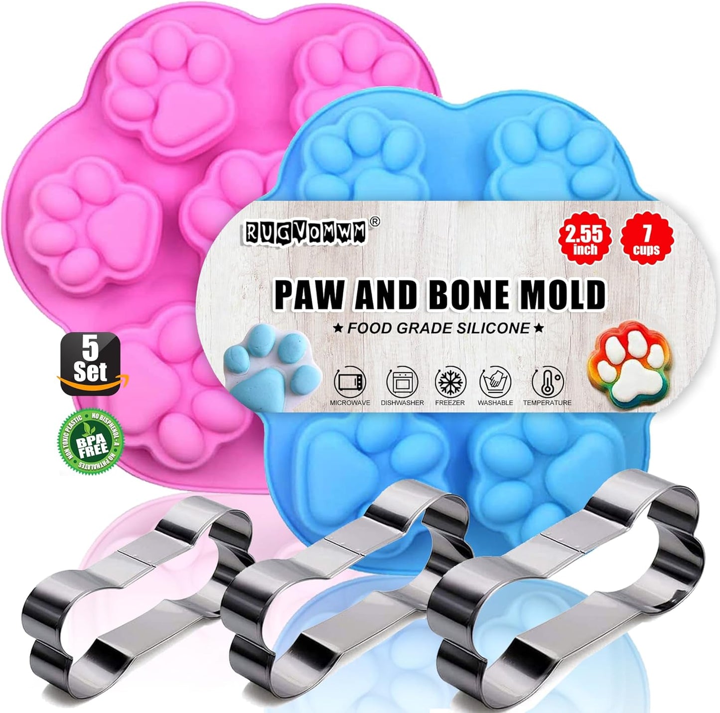 Puppy Dog Paw Bone Silicone Chocolate Moulds，Silicone Dog Treat Mold - 5 Pack