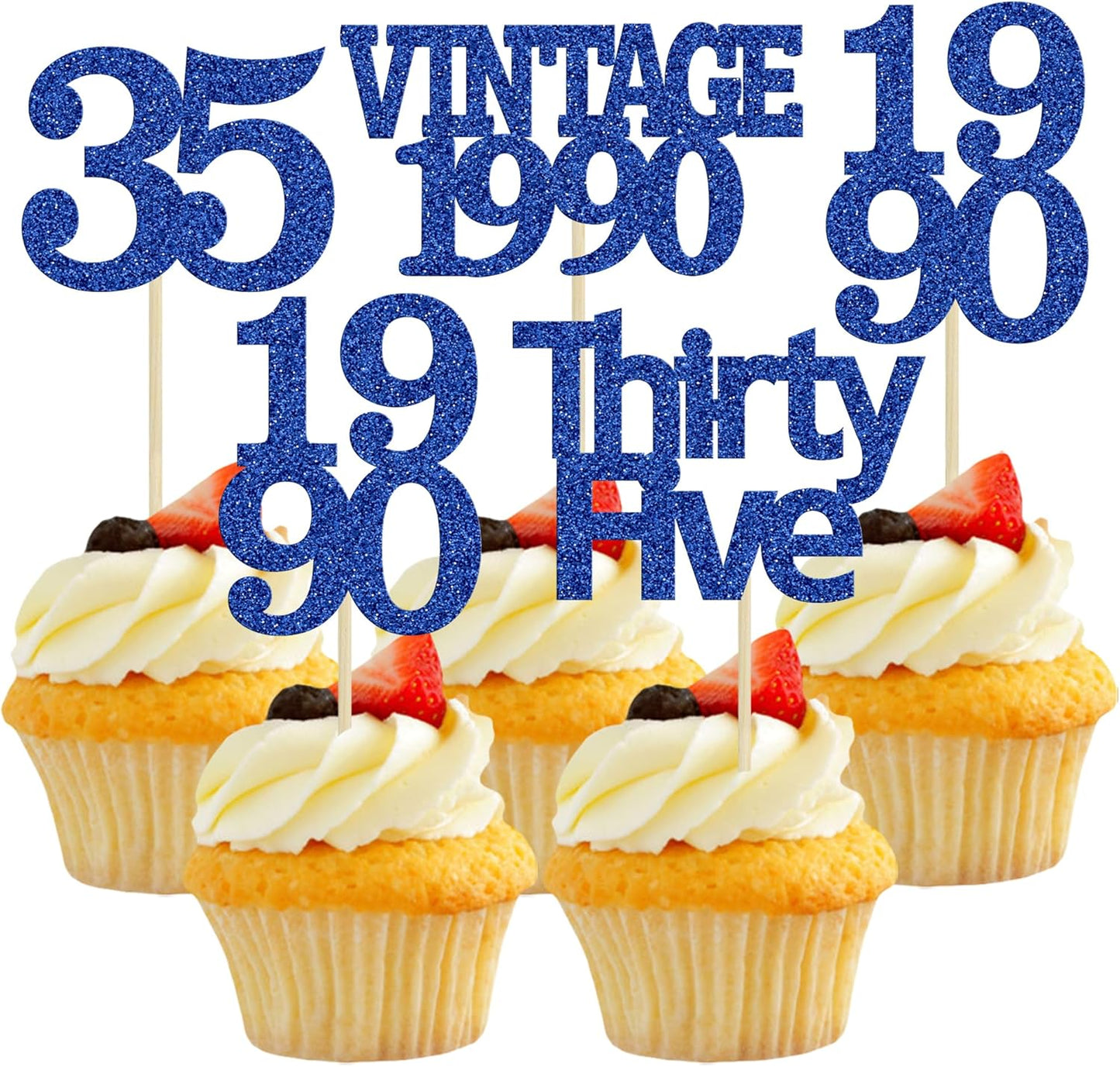 Gyufise 24Pcs Vintage 1990 Cupcake Toppers Glitter Cheers to 35 Fabulous Thirty Five Cupcake Picks 35th Birthday Wedding Anniversary Party Cake Decorations Supplies Deep Blue