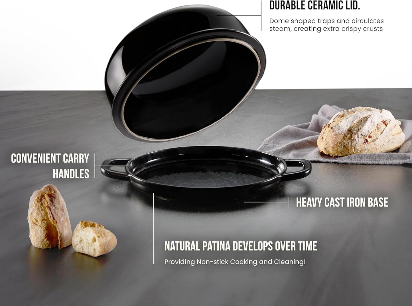 Kook Bread Oven, Sourdough Pan with Lid and Handles, Enameled Cast Iron Pan and Ceramic Lid, For Baking, Cooking, Roasting, Black