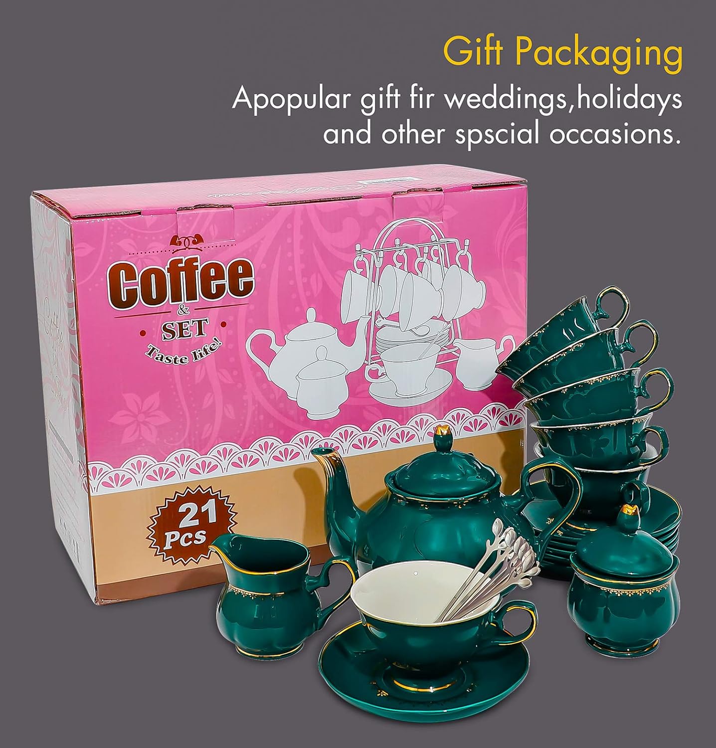 CHENP.HMC Tea Set 22-Piece Porcelain Ceramic Coffee Tea Sets Cups Saucer Service for 6 Teapot Sugar Bowl Creamer Pitcher and Teaspoons Porcelain Tea Set(Dark Green)