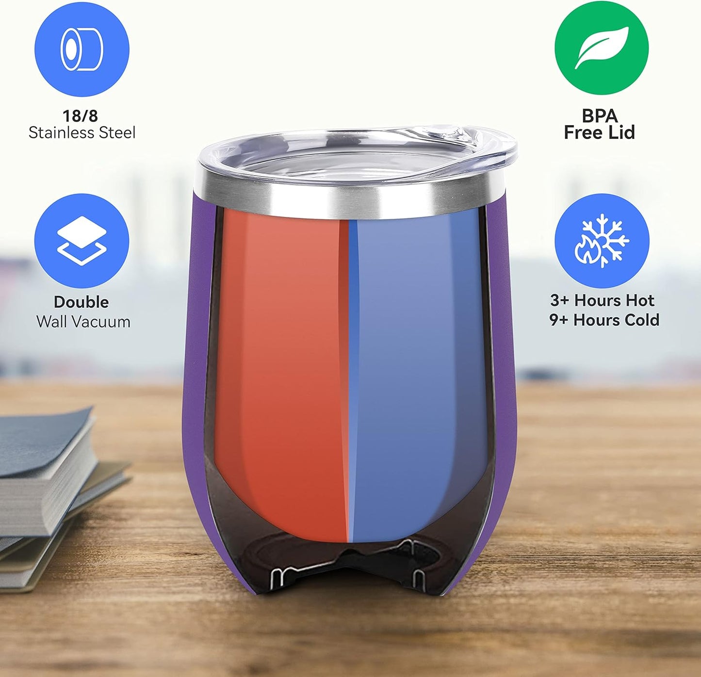 DOMICARE Stainless Steel Wine Tumbler Bulk with Lid, Personalized Insulated Tumblers Set, 12oz Travel Coffee Cups Pack of 8, Purple