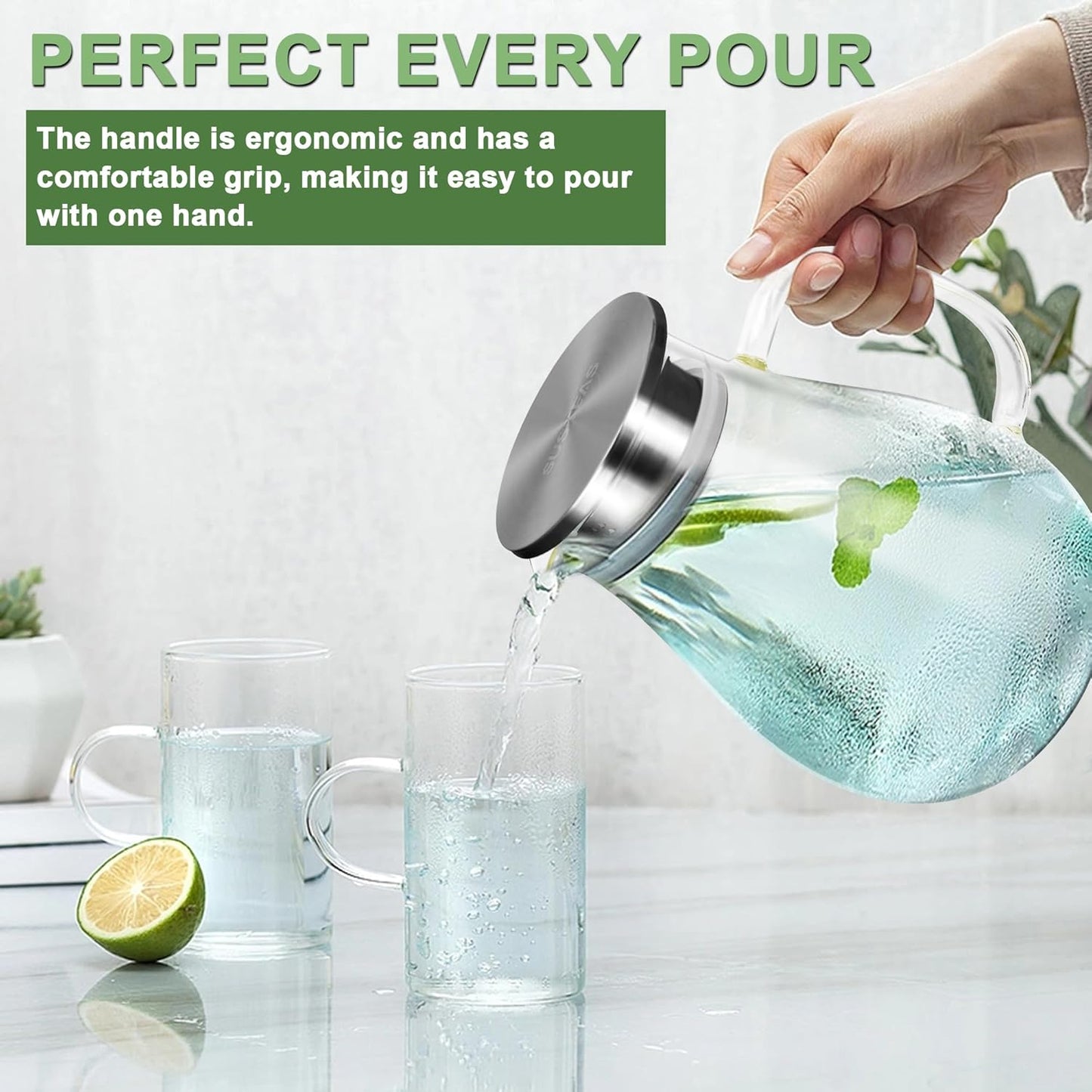 SUSTEAS 2.2 Liter 75oz Glass Pitcher, Water Pitcher with Lid And Wide Handle, Easy Clean Juice Jug for Fridge, Beverage Carafe for Cold/Hot Water, Iced Tea, 1 Long-Handled Brush Included