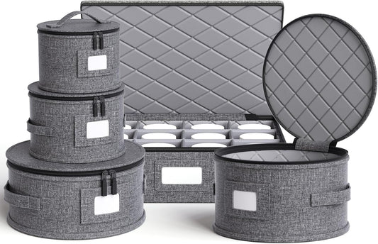 YearningHome China Storage Containers,Hard Shell Box with Felt Dividers for Dishes,Dinnerware,Plates,Mugs,Wine and Glasses,Mugs,Stackable Fine China Storage for Moving and Packing 5 Piece,Grey