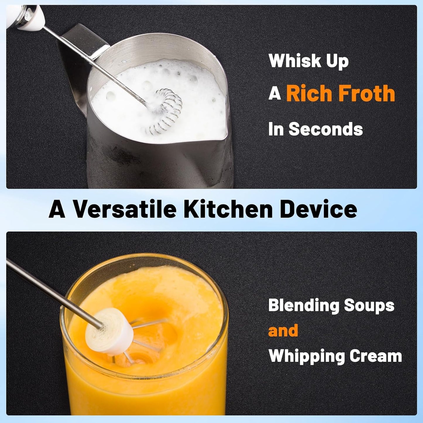 TonJin Milk Frother USB C Rechargeable New Upgraded Handheld Frother Wand with 2 304 Stainless Whisks 1 Stand, 3 Speeds Electric Coffee Whisk Frother for Lattes, Cappuccino, Egg, Matcha, White