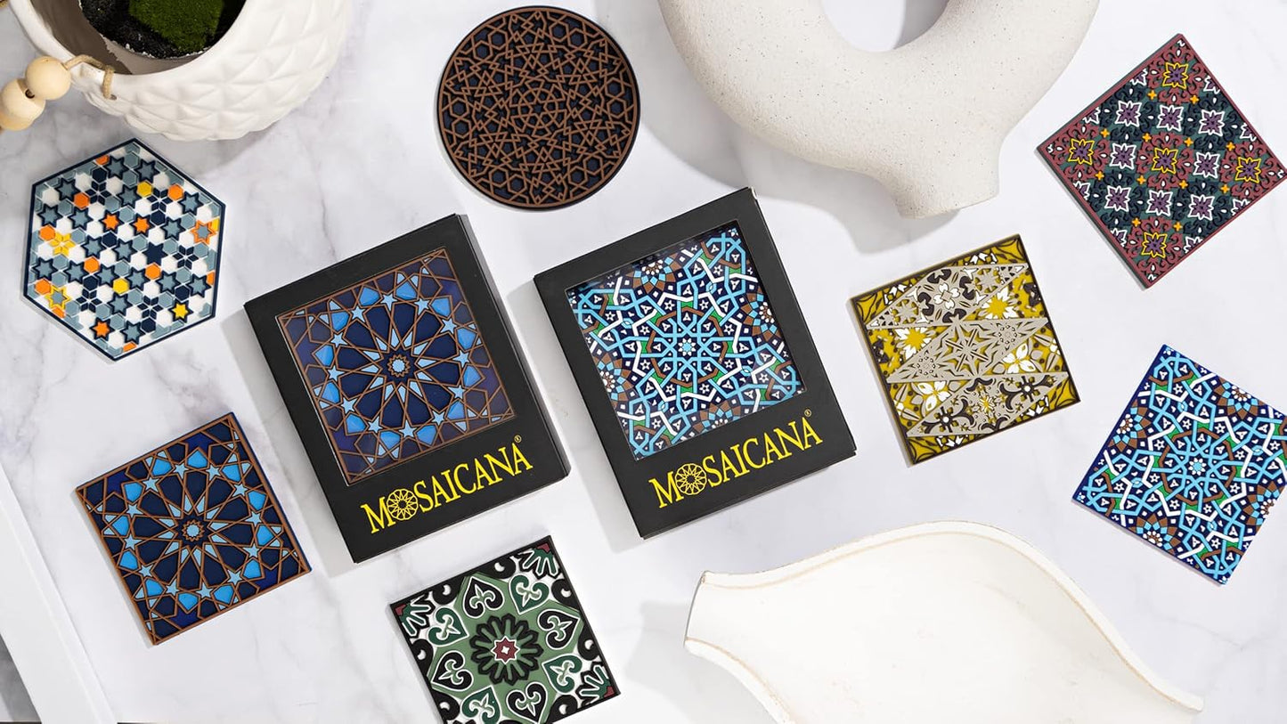 Set of 4 Silicone Coasters - Protect Against Water Marks or Damage - Fits All Cups, 3.5" Size, Blue Morocco