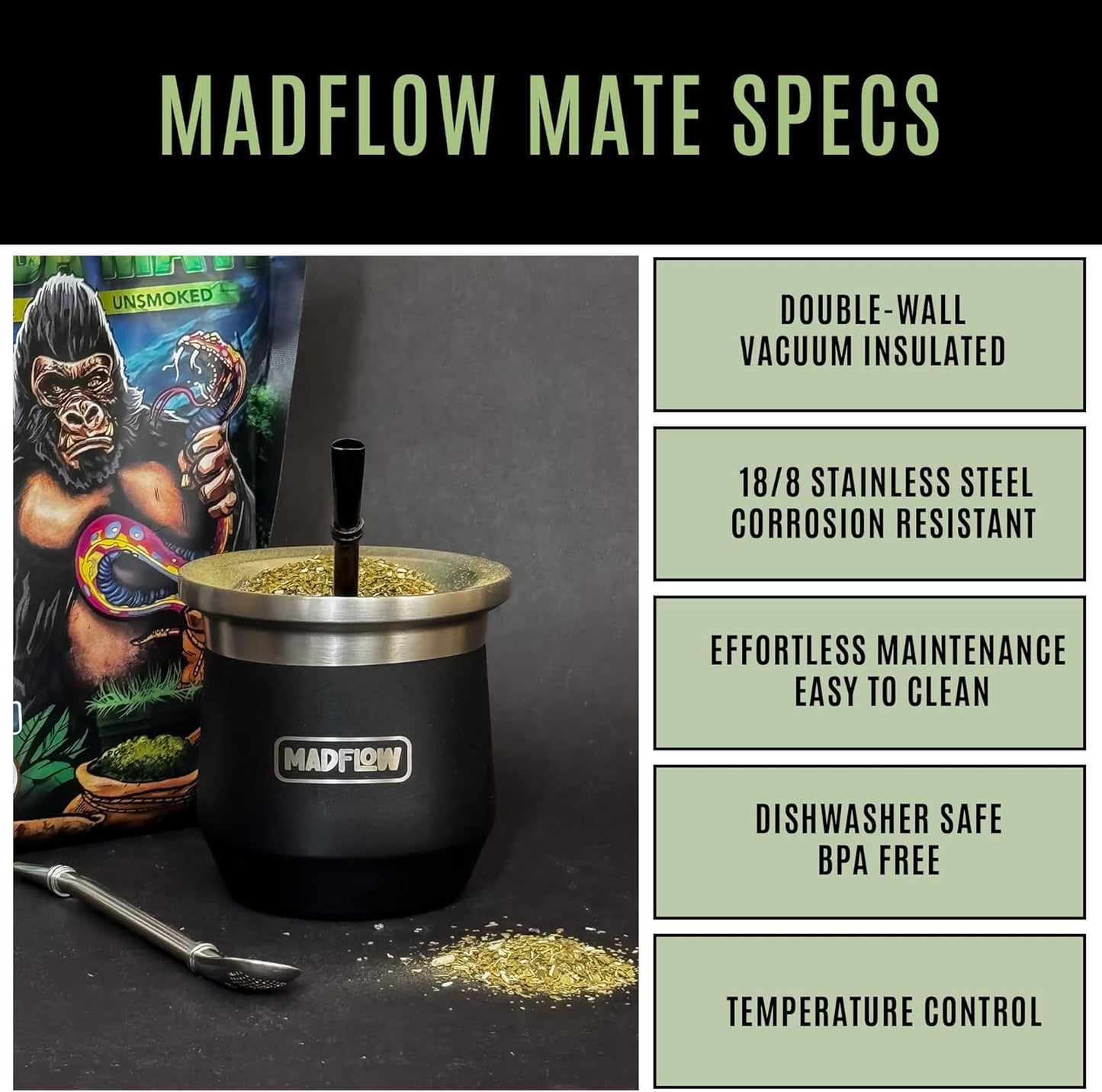 MADFLOW Yerba Mate Cup. Stainless Steel Mate Cup with 2 Bombillas. Double Wall Vacuum Insulated Yerba Mate Gourd. Unique Mate Cup And Bombilla Set