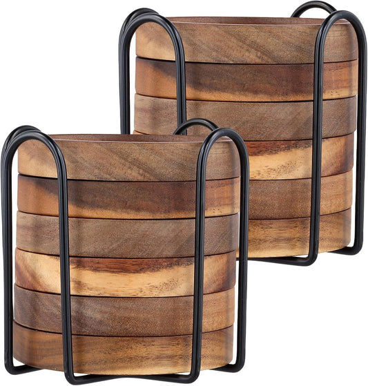 Set of 12 Acacia Wood Cork Coasters with Holder - 4.13 Inch Absorbent Insulated Drink Pads, Stackable for Coffee Table & Office Desk