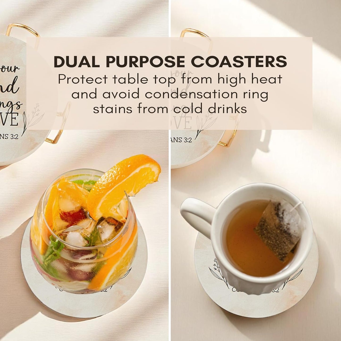 Absorbent Coaster Set of 6 with Holder, Drink Coasters for Coffee Table, Kitchen, Home Decor, Cute Ceramic Round Coasters, Alternative to Silicone, Cork or Glass Coaster (Blessed)