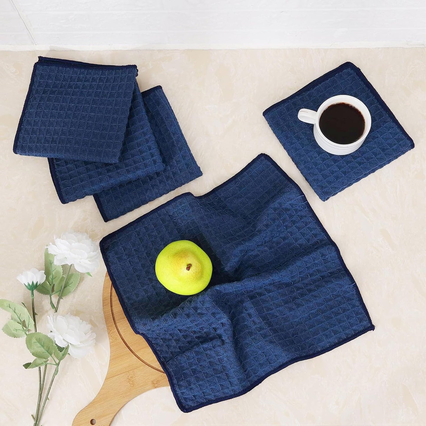 Homaxy Microfiber Waffle Weave Kitchen Dish Cloths, 12 x 12 Inch Ultra Absorbent and Solid Color Dish Towels for Kitchen Fast Drying Dishcloth for Washing Dishes, 6 Pack, Navy Blue